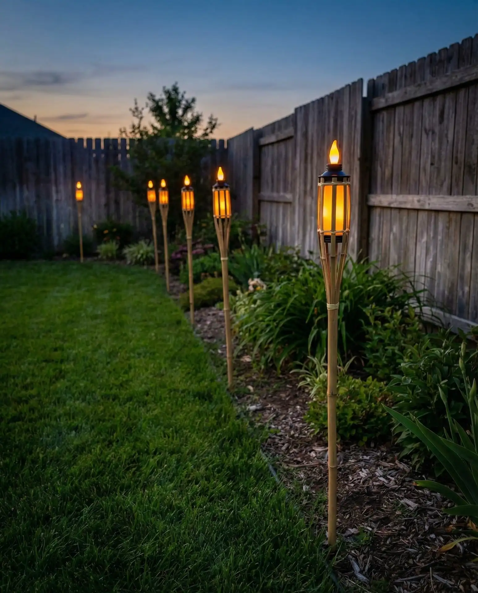 Tiki Torches with LED Inserts for Backyard Perimeters 1