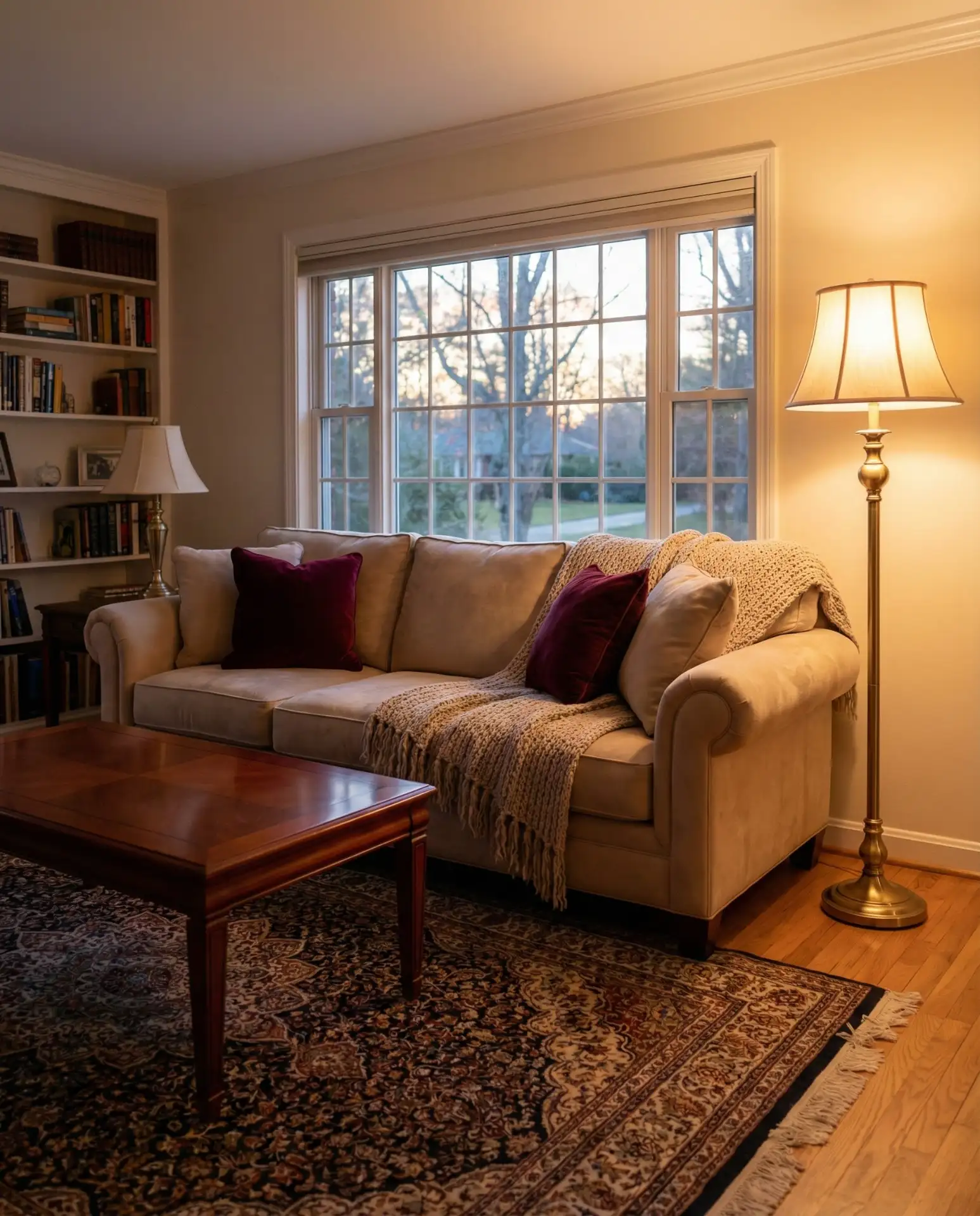Traditional Living Room with Warm Wood and Layered Lighting 2