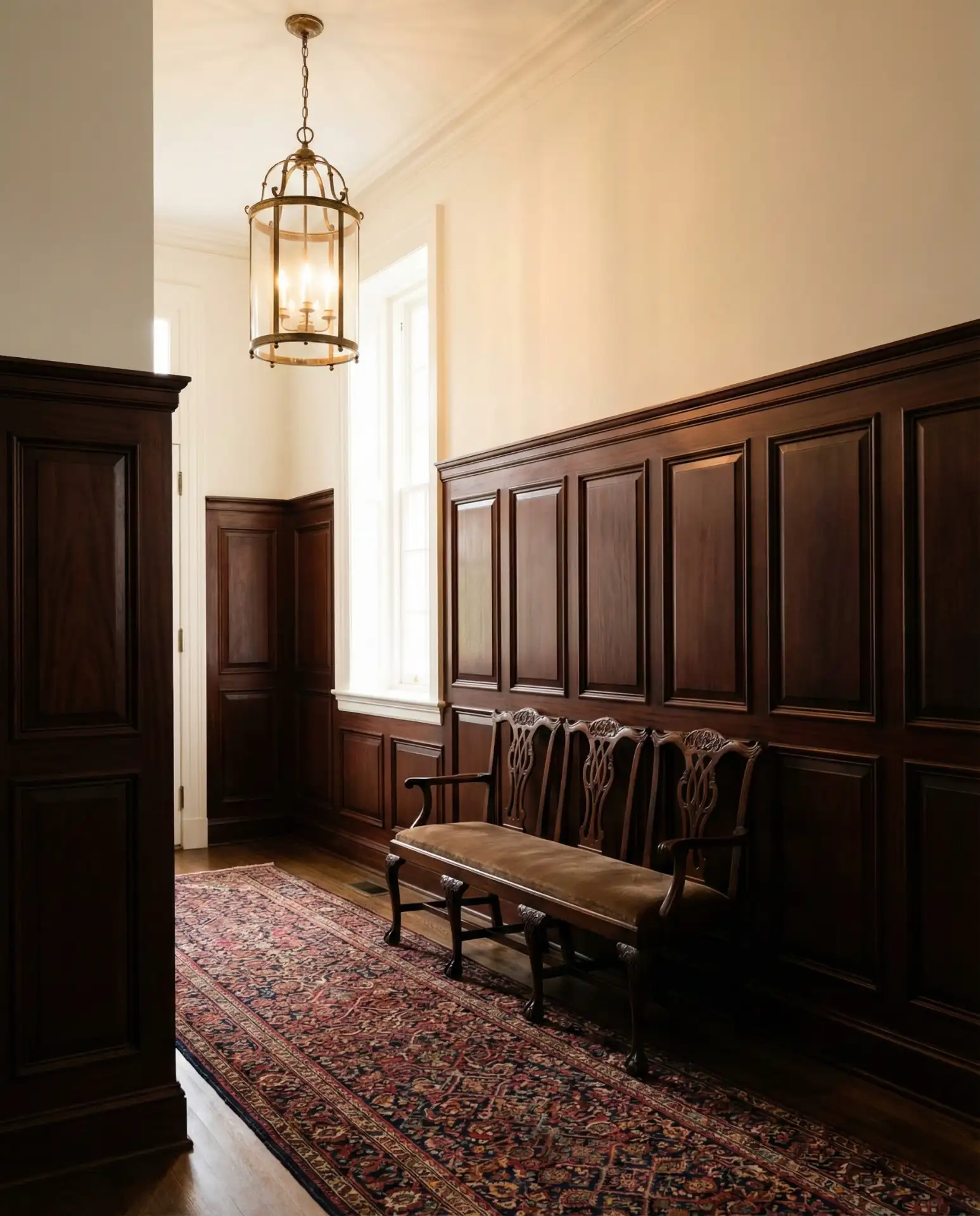 Traditional Mahogany Entry with Carved Bench 2