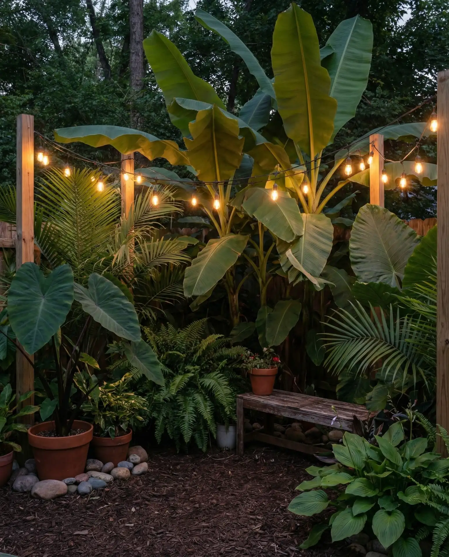 Tropical Corner with Bold Foliage and String Lights 2