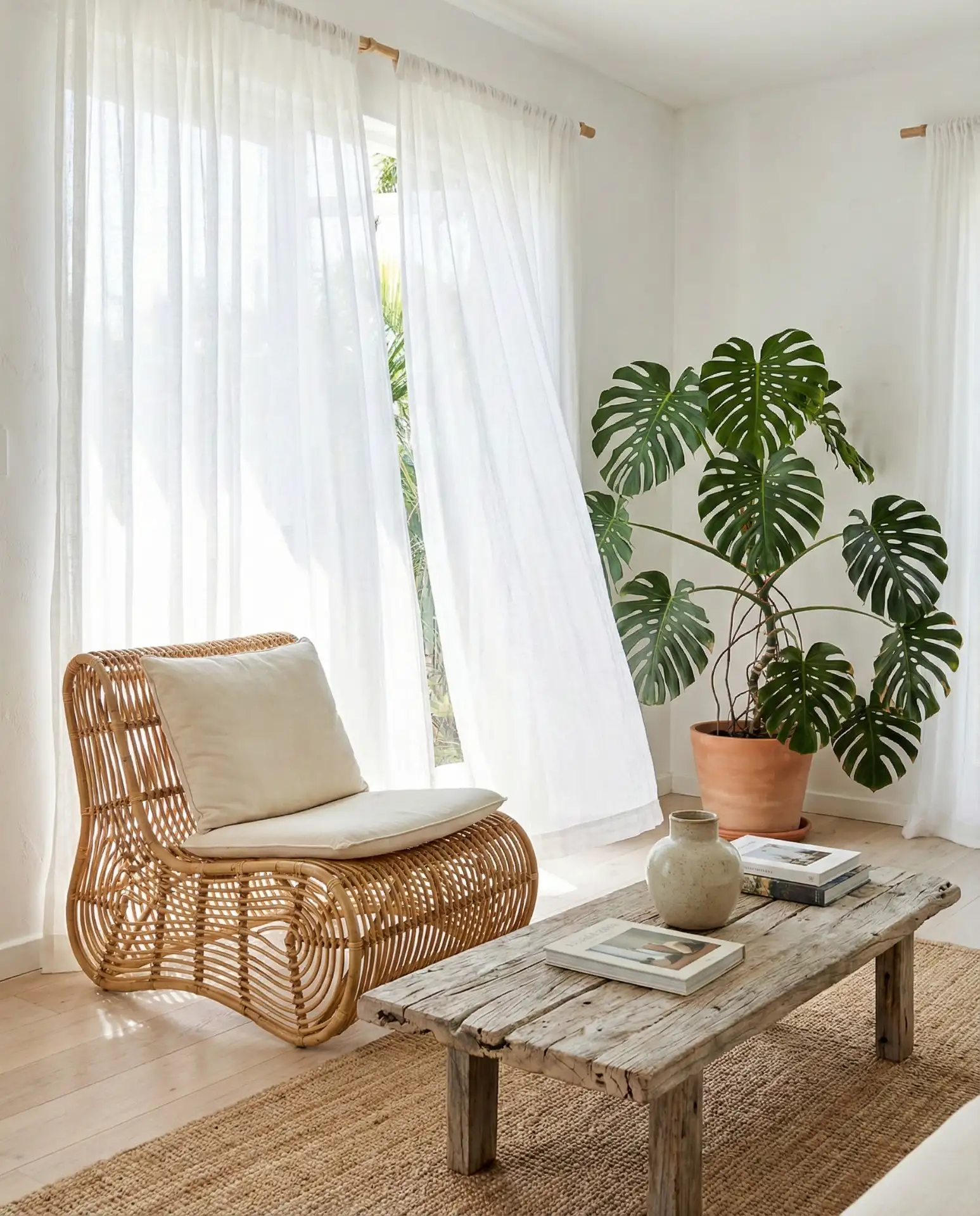 Tropical Living Room with Lush Greenery and Rattan Furniture 2