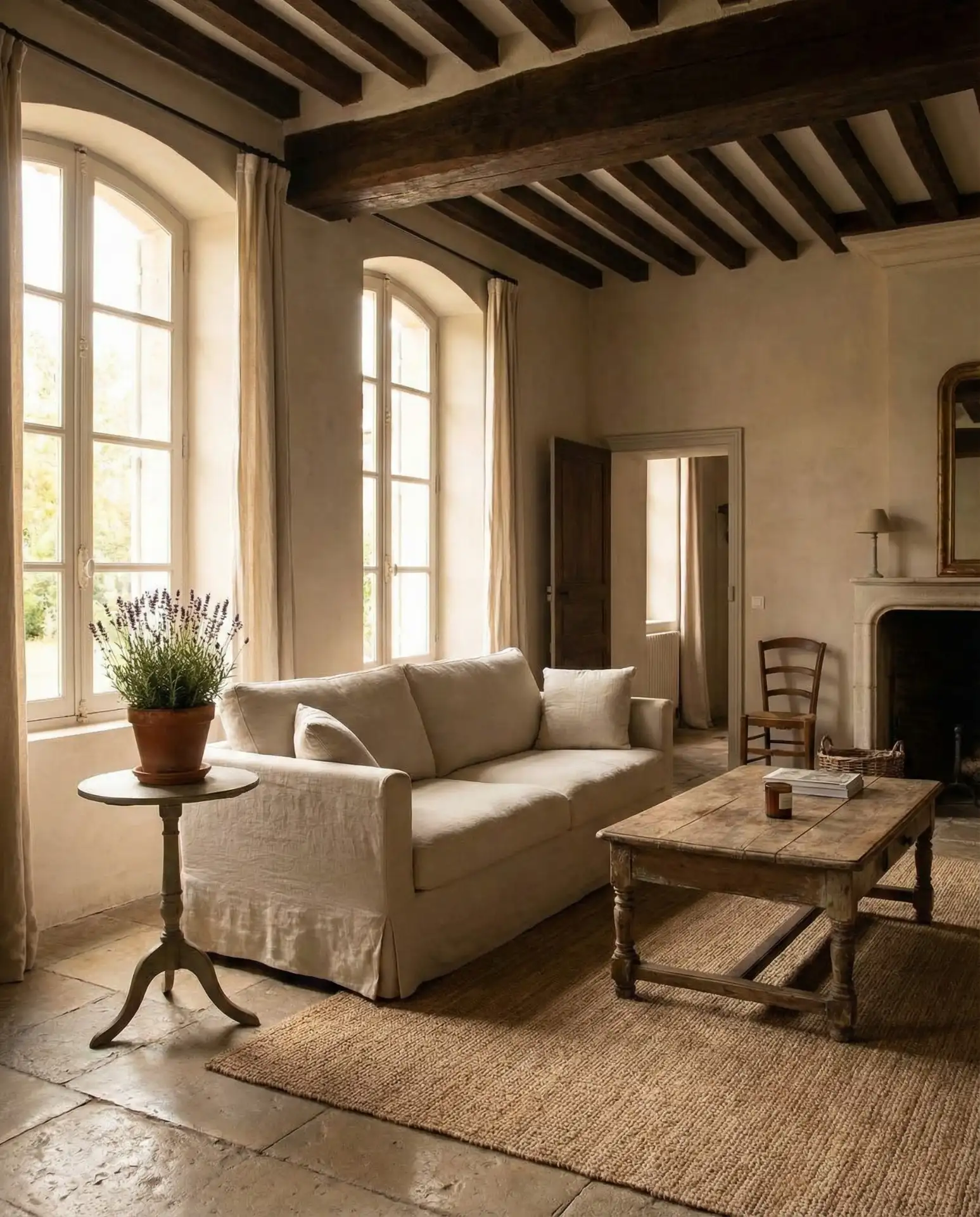 Vintage Linen Living Room with Rustic Beams 1