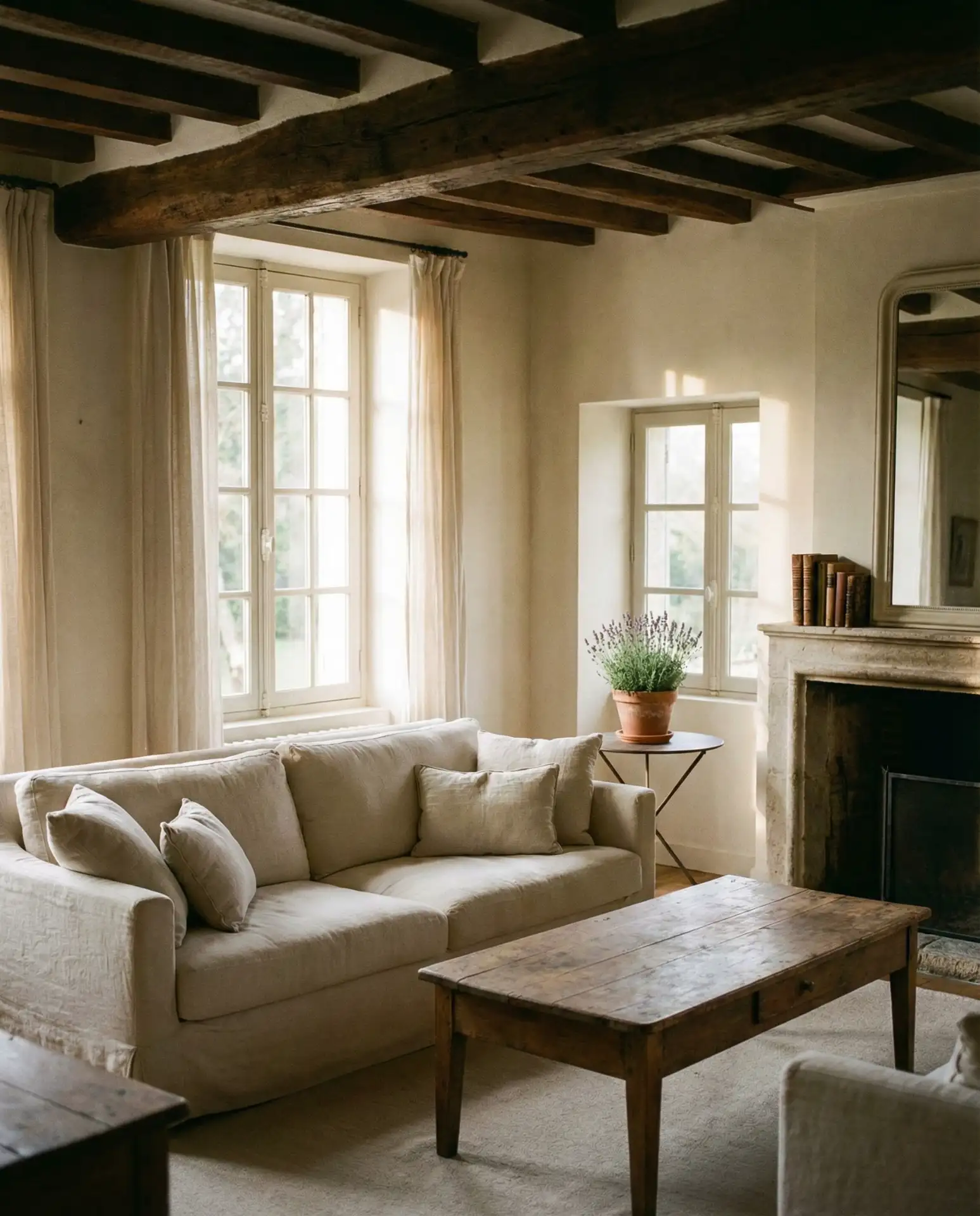 Vintage Linen Living Room with Rustic Beams 2