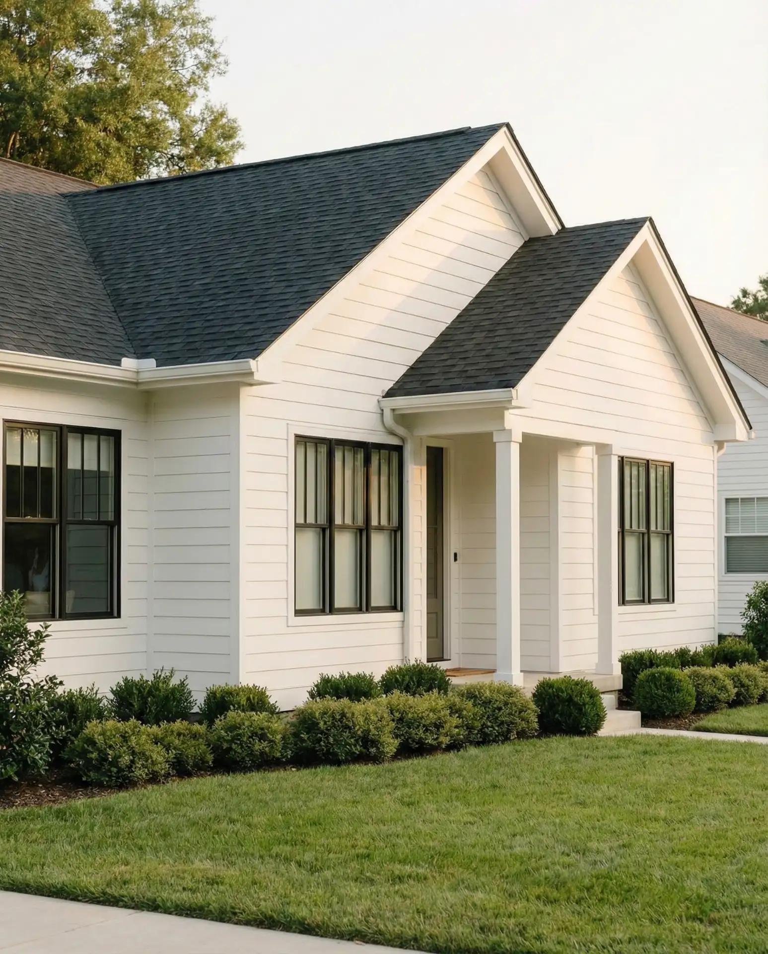 White Bungalow with Dark Roof Contrast