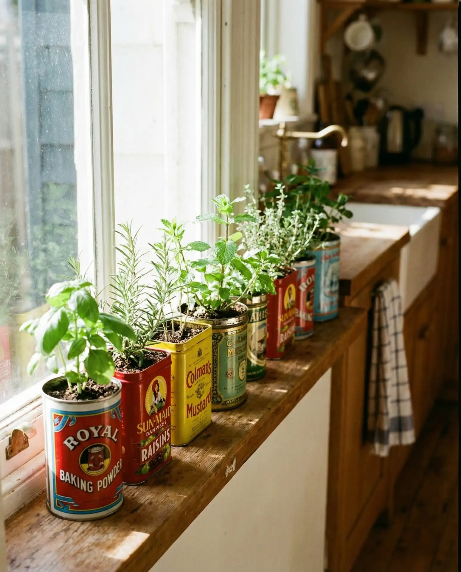 Windowsill Herb Garden in Vintage Tins 1