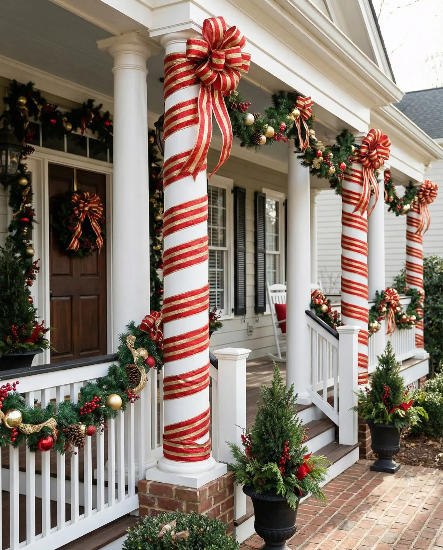 Xmas Porch Pillars Wrapped in Ribbon 1