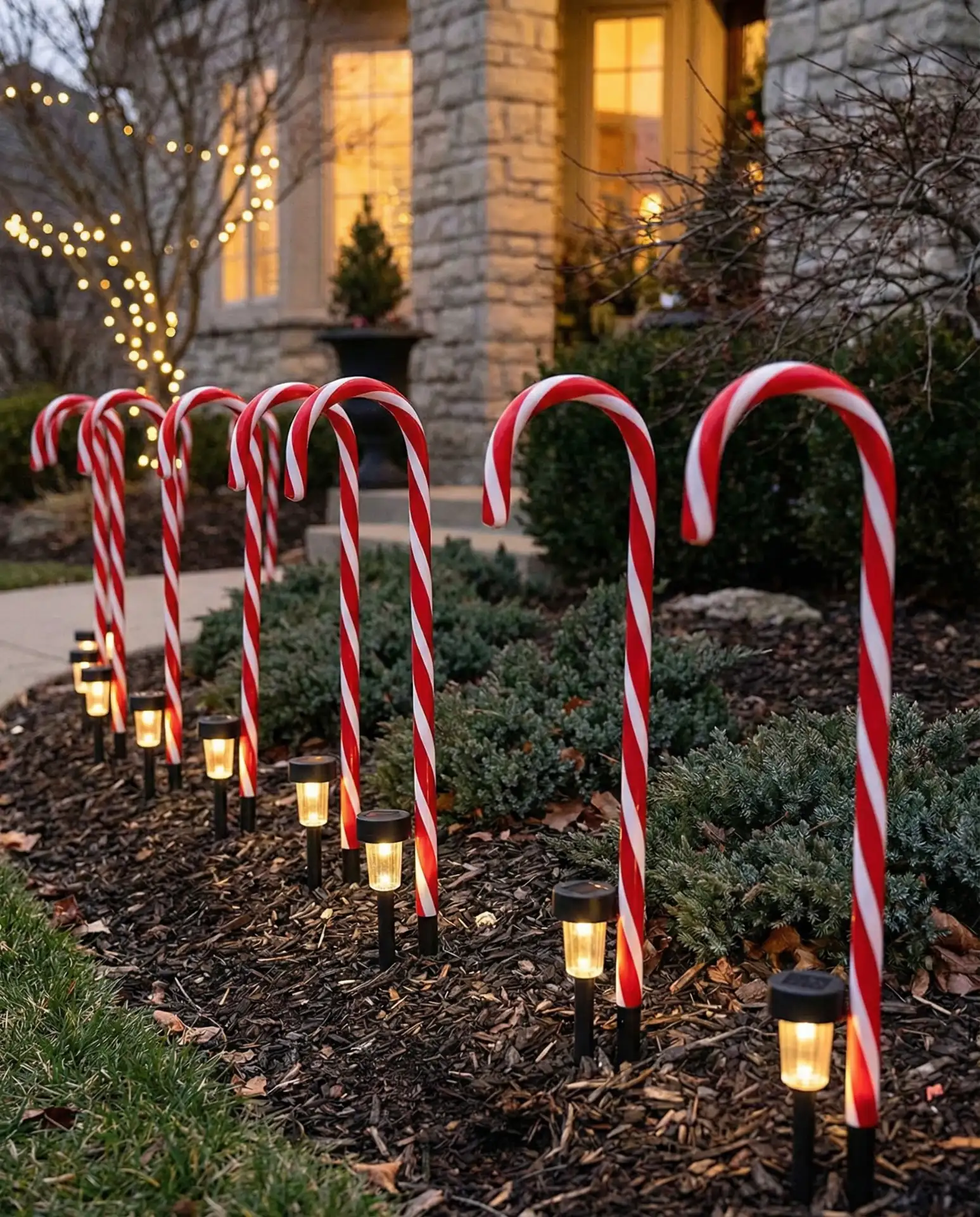 Xmas Porch Pillars Wrapped in Ribbon 2