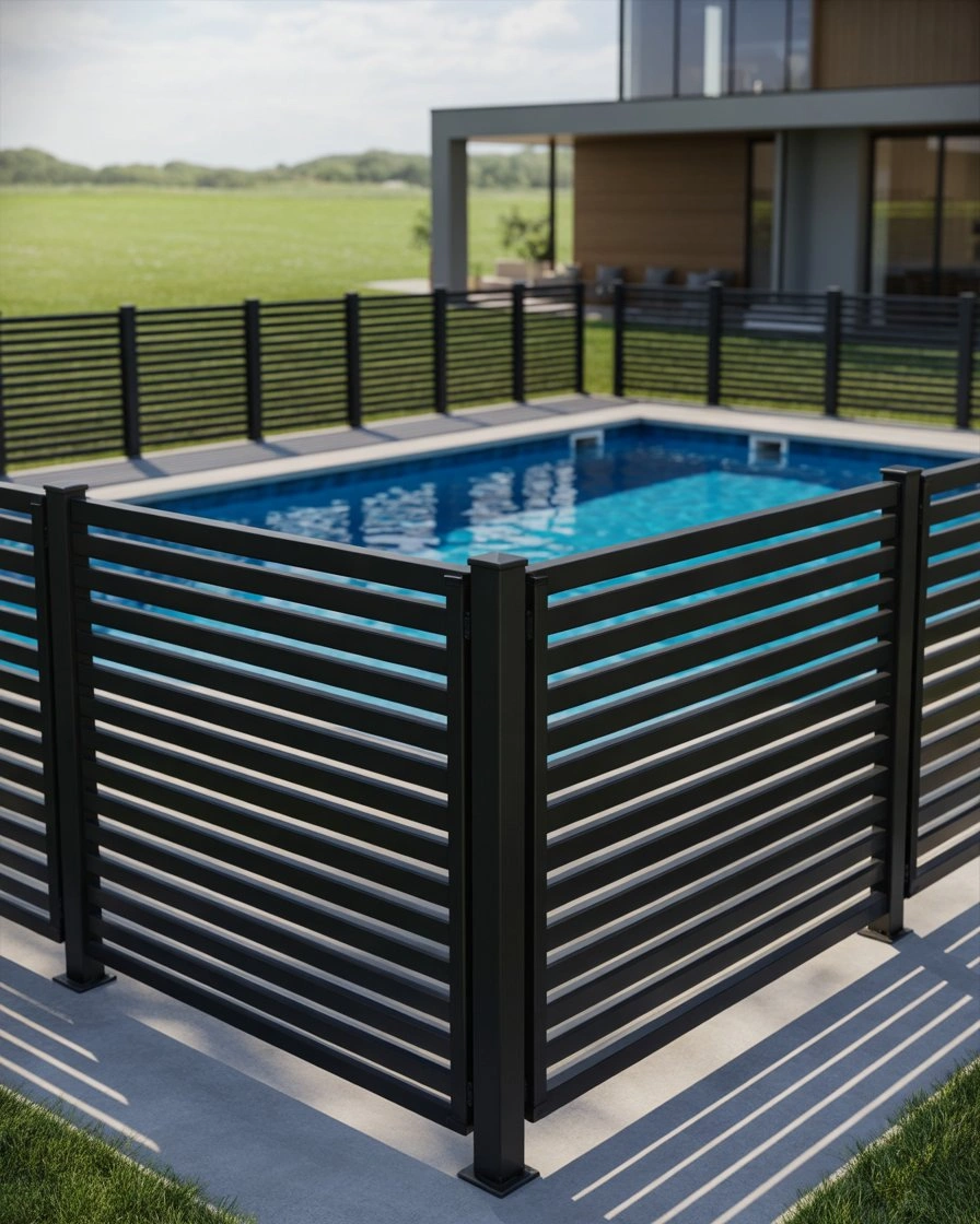Black Aluminum Slat Fence with Horizontal Lines 1