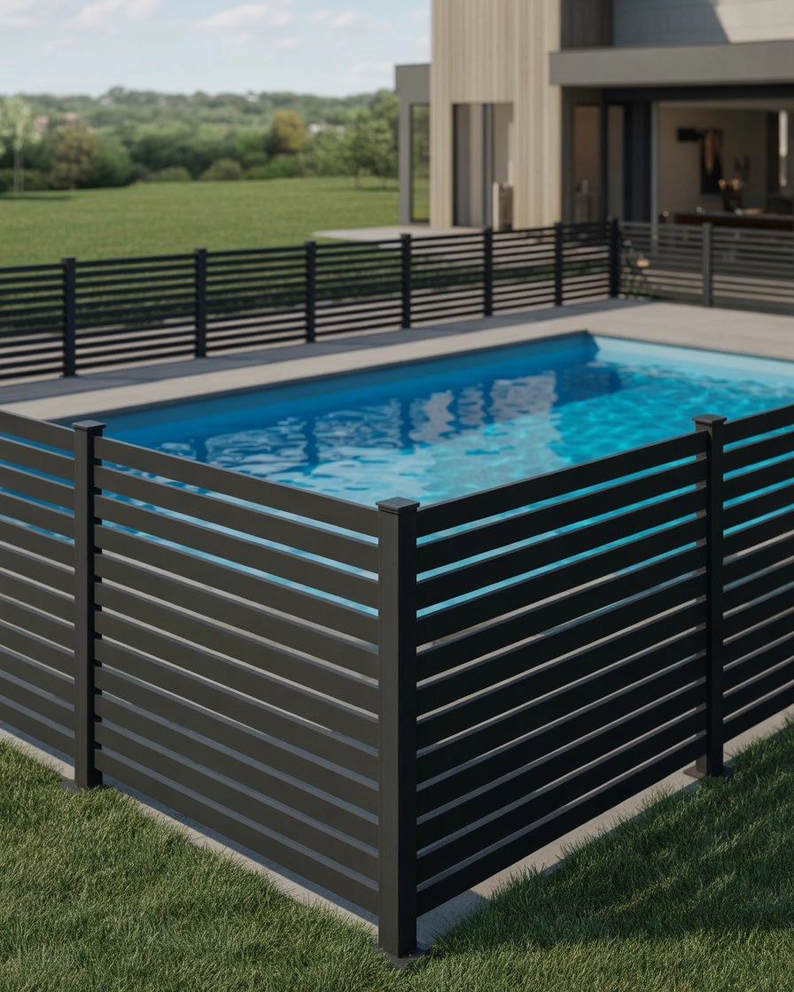 Black Aluminum Slat Fence with Horizontal Lines 2
