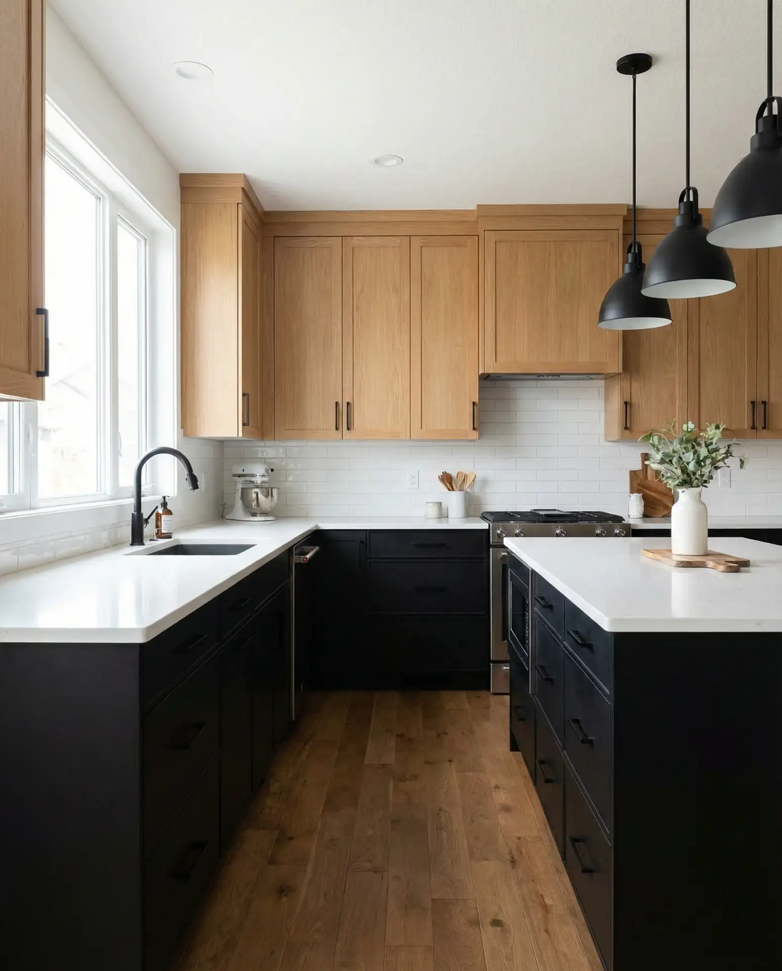 Black Lower Cabinets with Light Wood Uppers 1