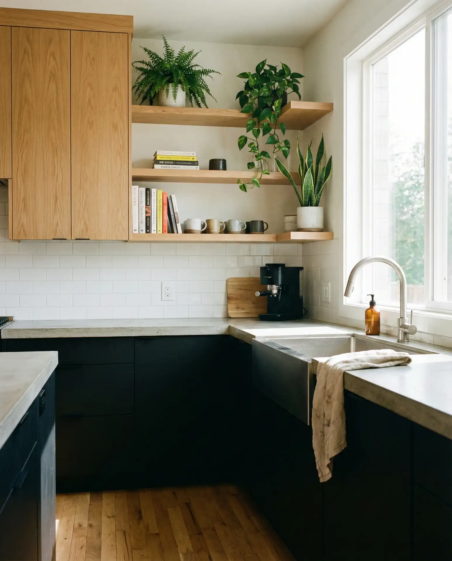 Black Lower Cabinets with Light Wood Uppers 2