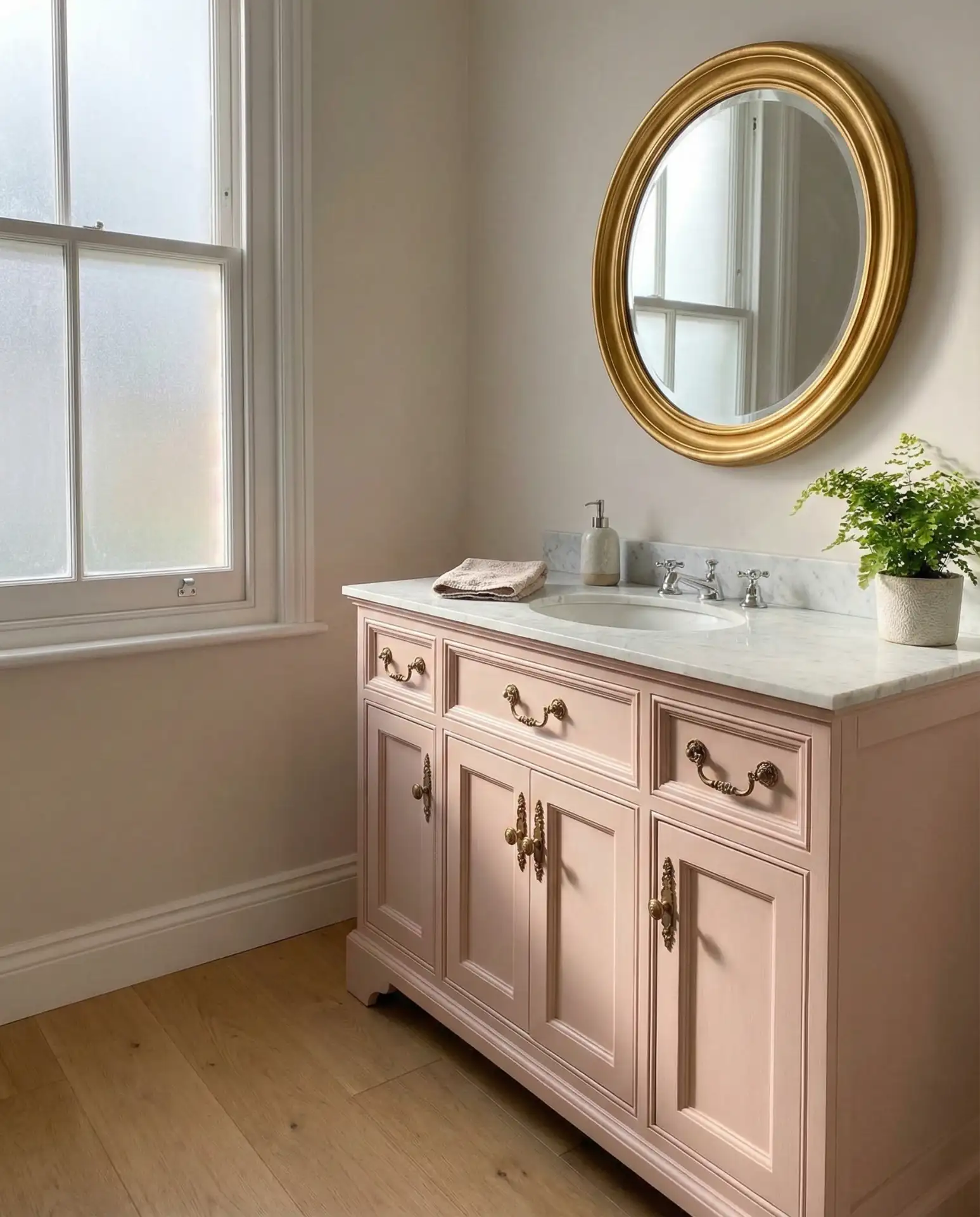 Blush Pink Vanity with Vintage Hardware 1