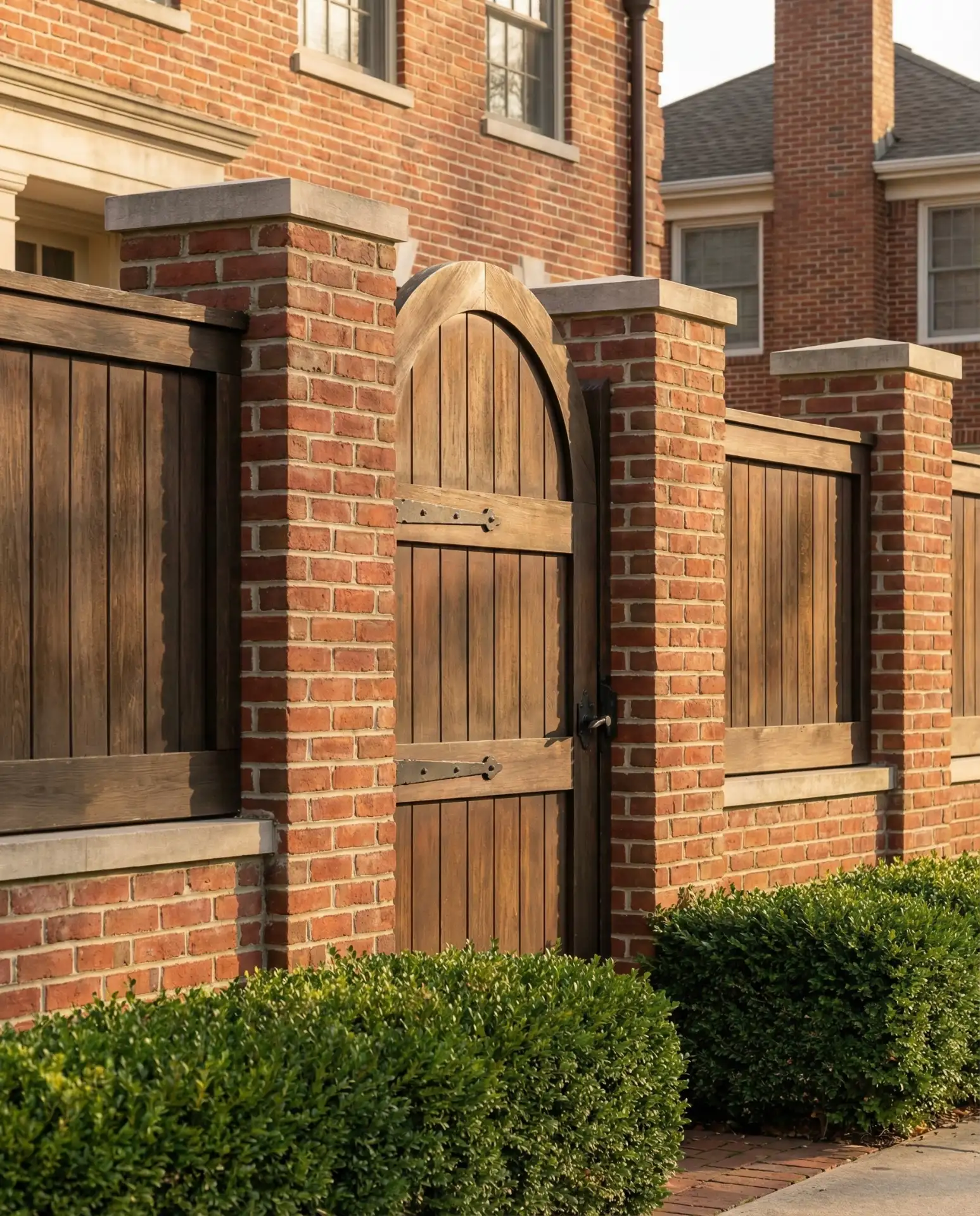 Brick and Wood Combination Fence with Arched Gate 1