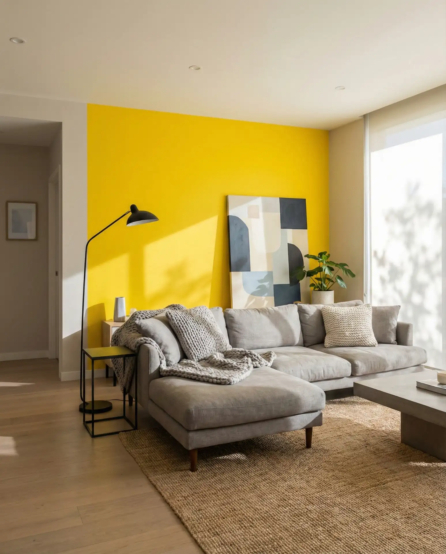 Bright Yellow Accent Wall Behind the Sofa 2