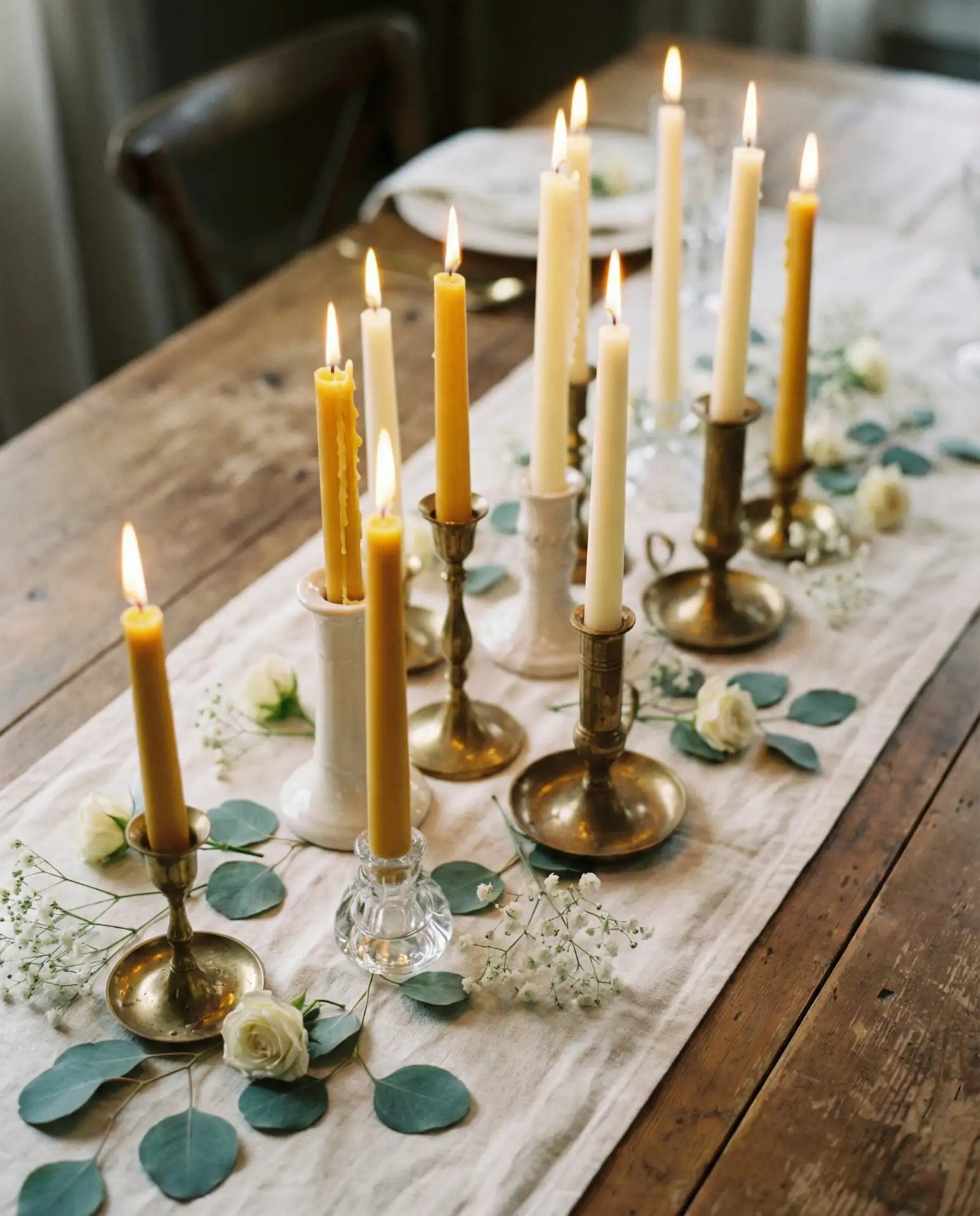 Candlelit Tablescape with Taper Candles in Varying Heights 1