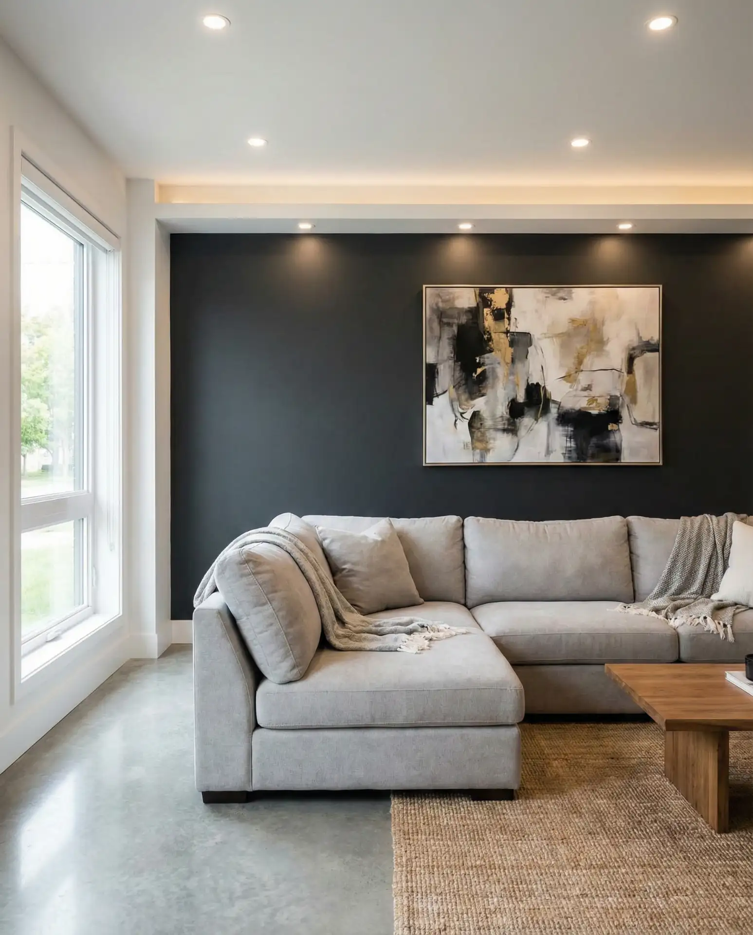 Charcoal Accent Wall Behind a Grey Couch 2