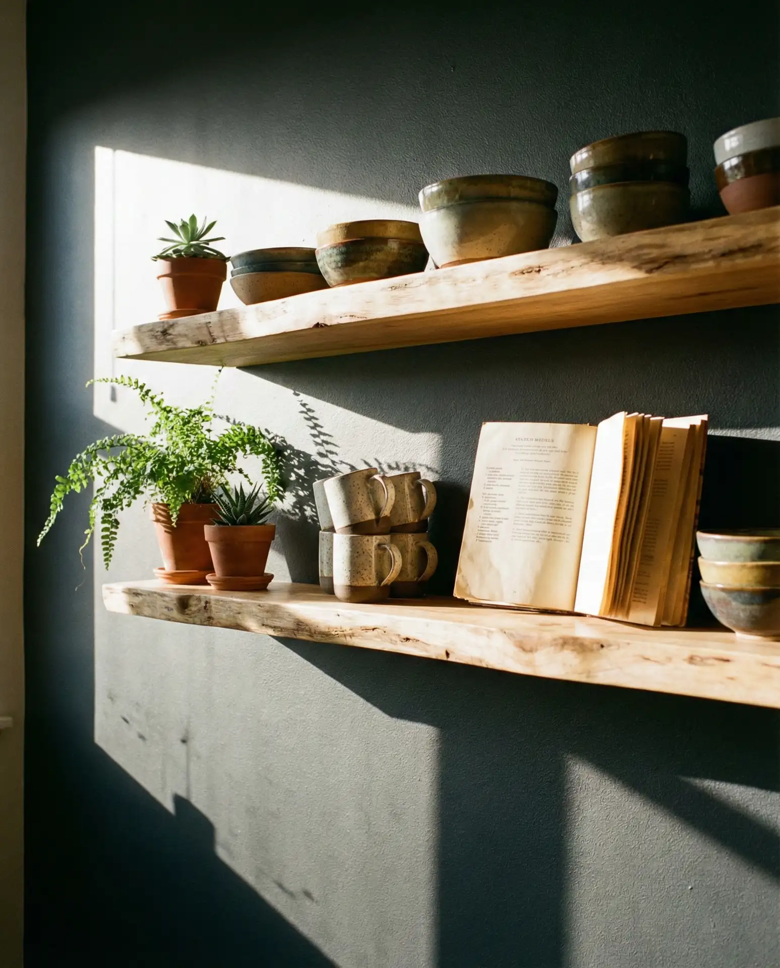 Charcoal Gray Walls with Natural Wood Open Shelves 1