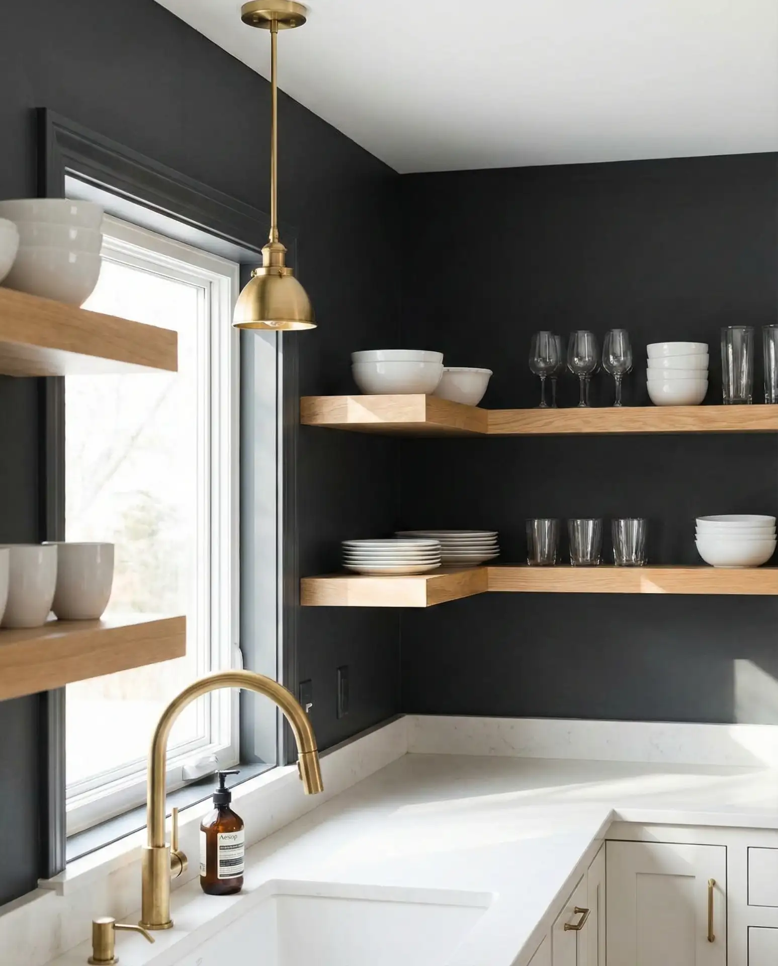 Charcoal Gray Walls with Natural Wood Open Shelves 2