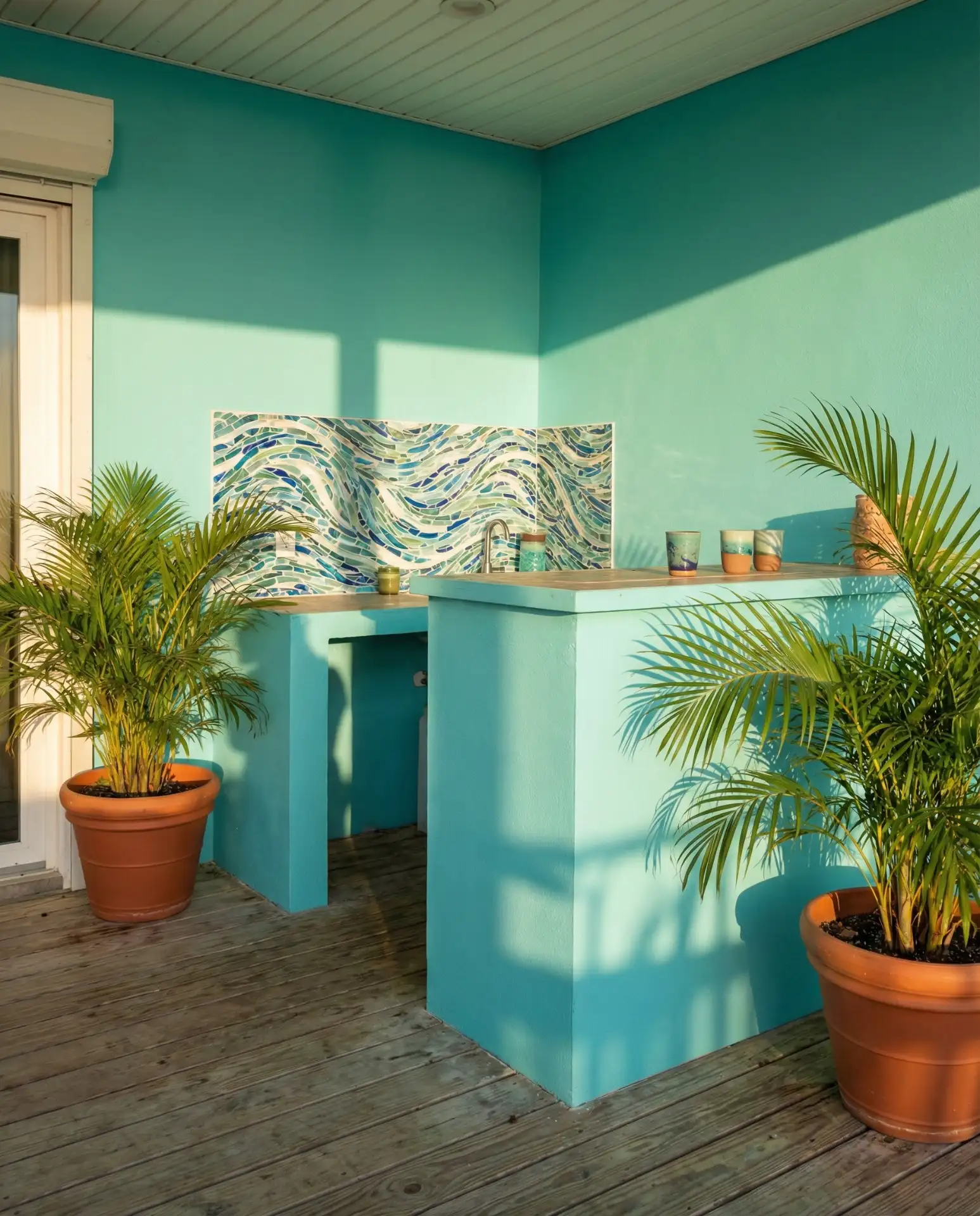 Colorful Painted Bar with Mosaic Tile Backsplash 1