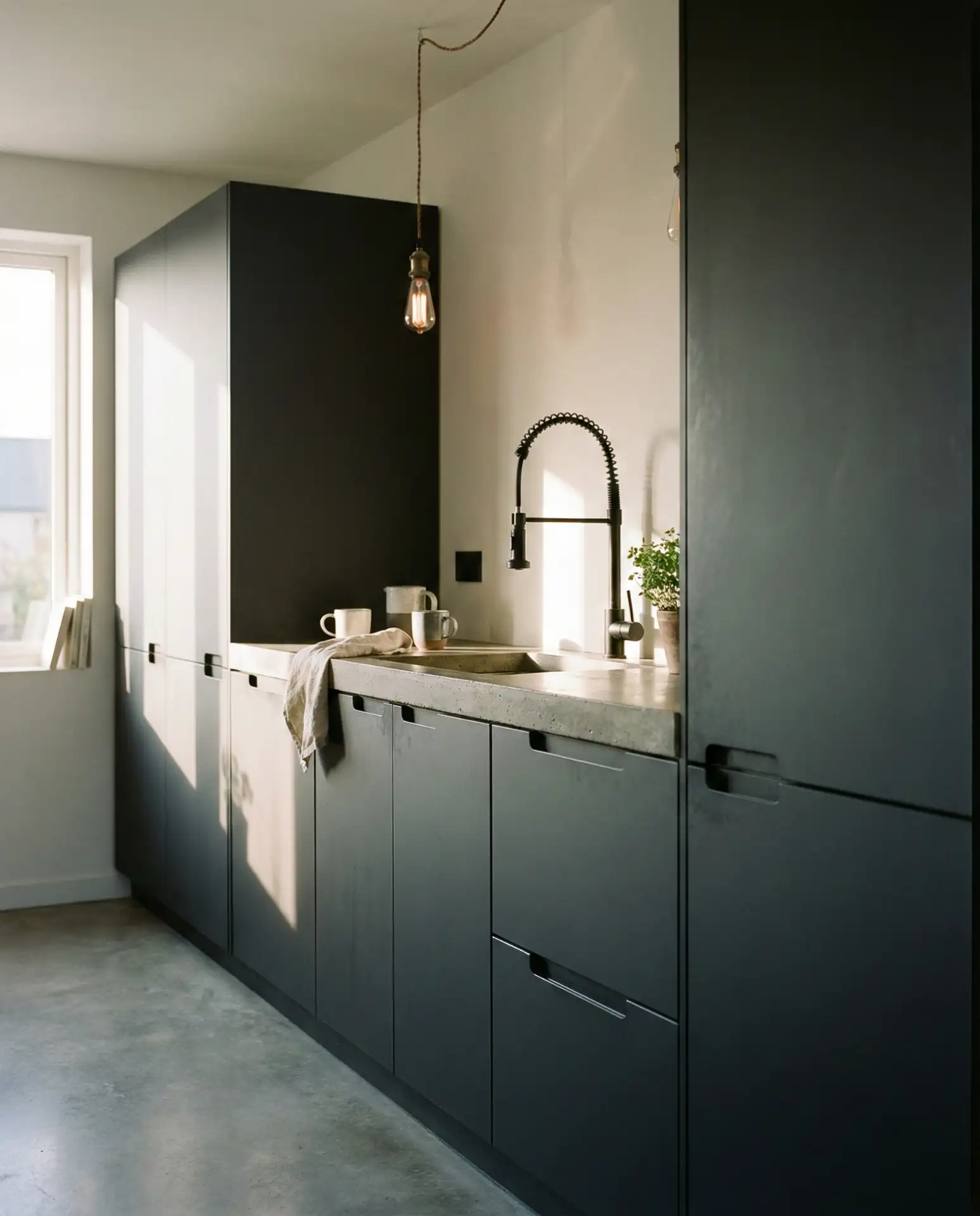 Contemporary Slab-Door Galley in Charcoal and Concrete 1