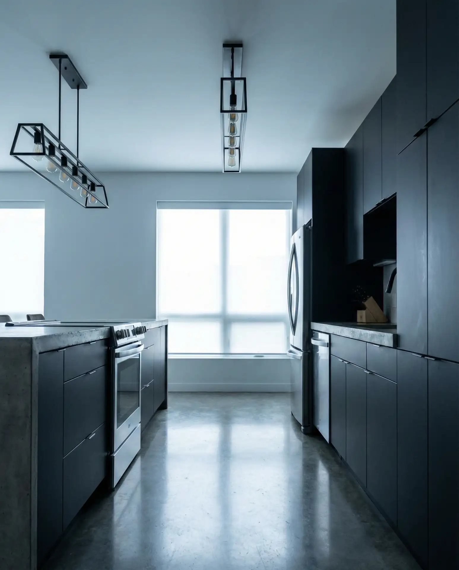 Contemporary Slab-Door Galley in Charcoal and Concrete 2