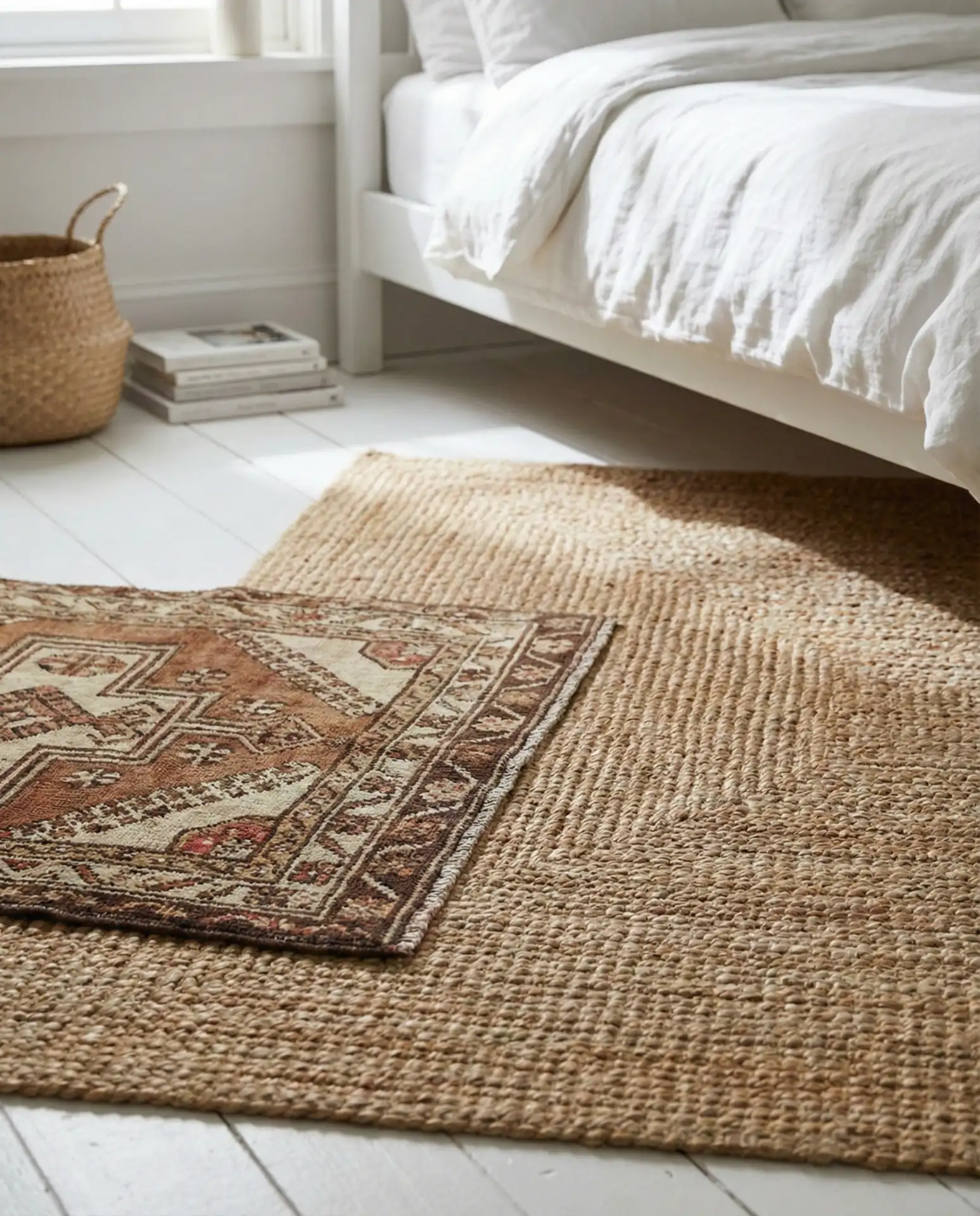 Cozy White Bedroom with Layered Rugs 1