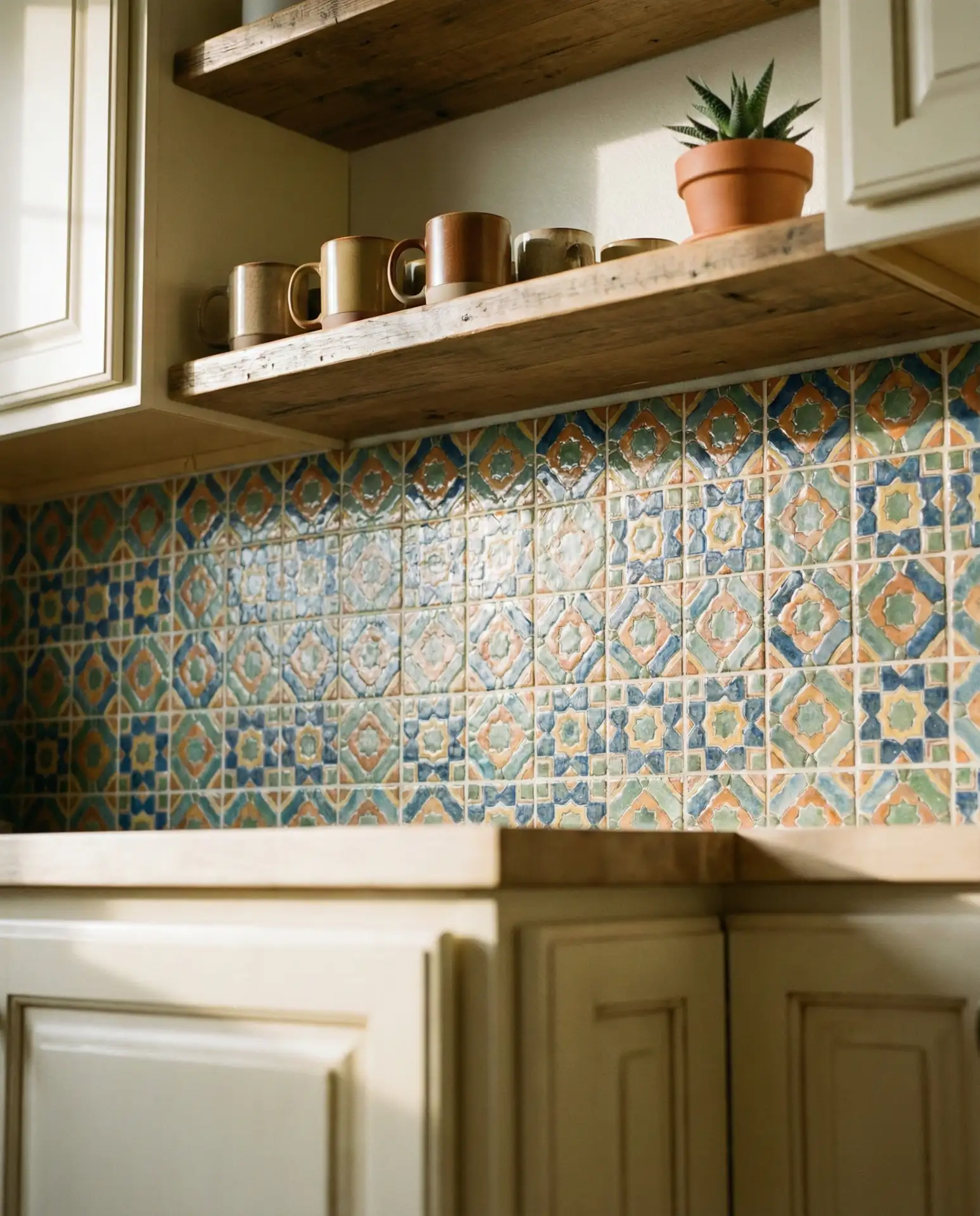 Creamy White with Colorful Tile Backsplash 1