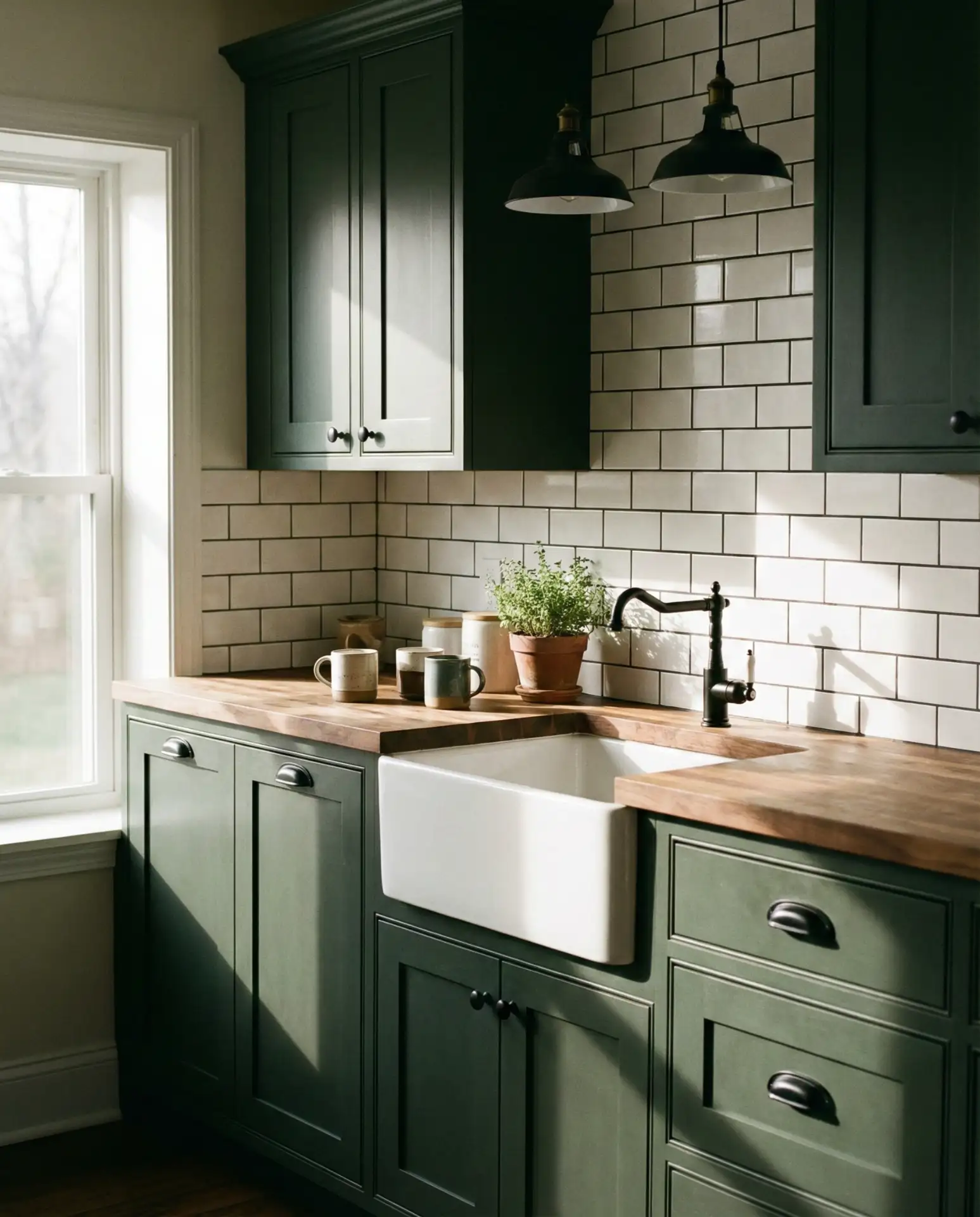 Dark Green Shaker Cabinets with Butcher Block 1