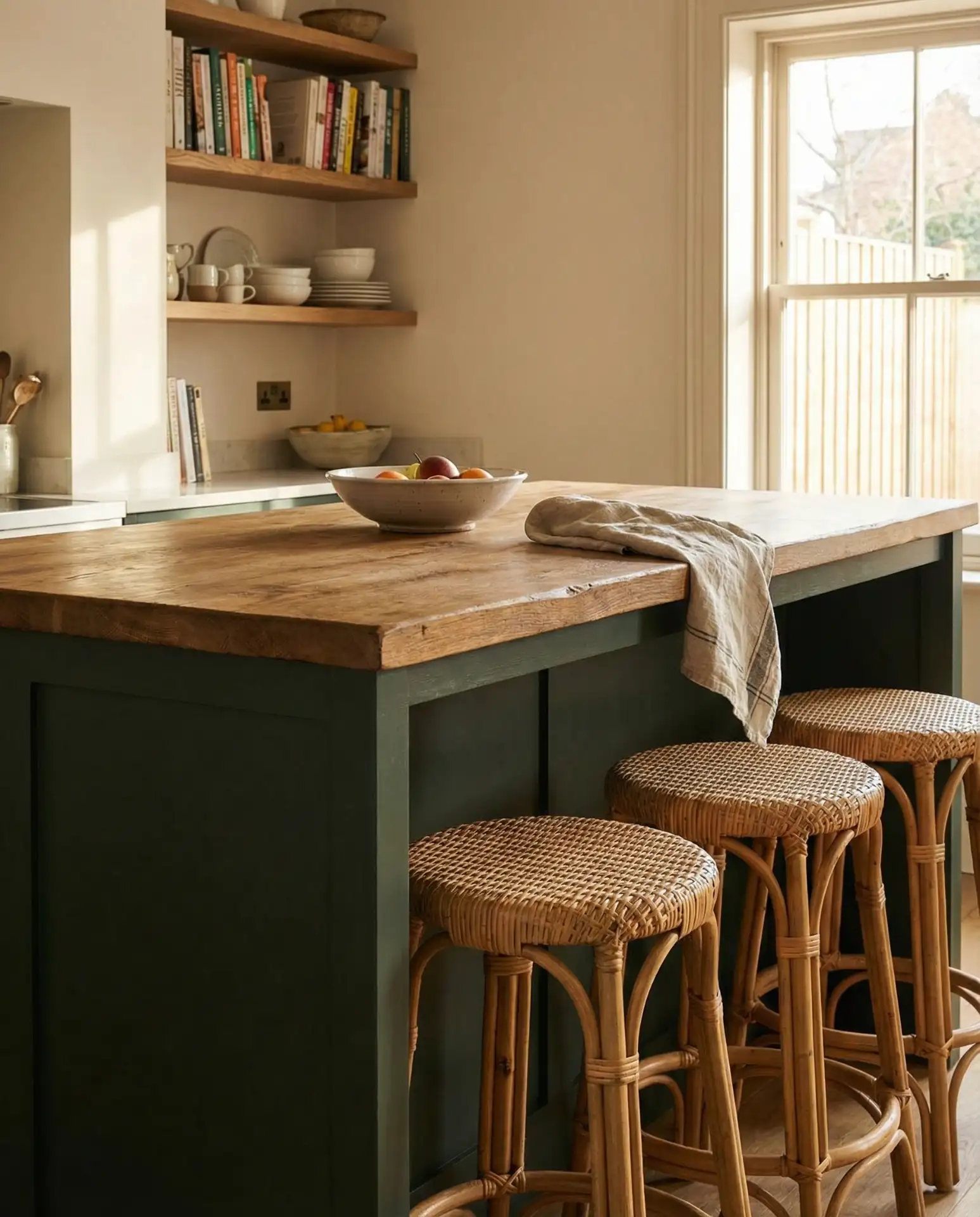 Dark Green Shaker Cabinets with Butcher Block 2