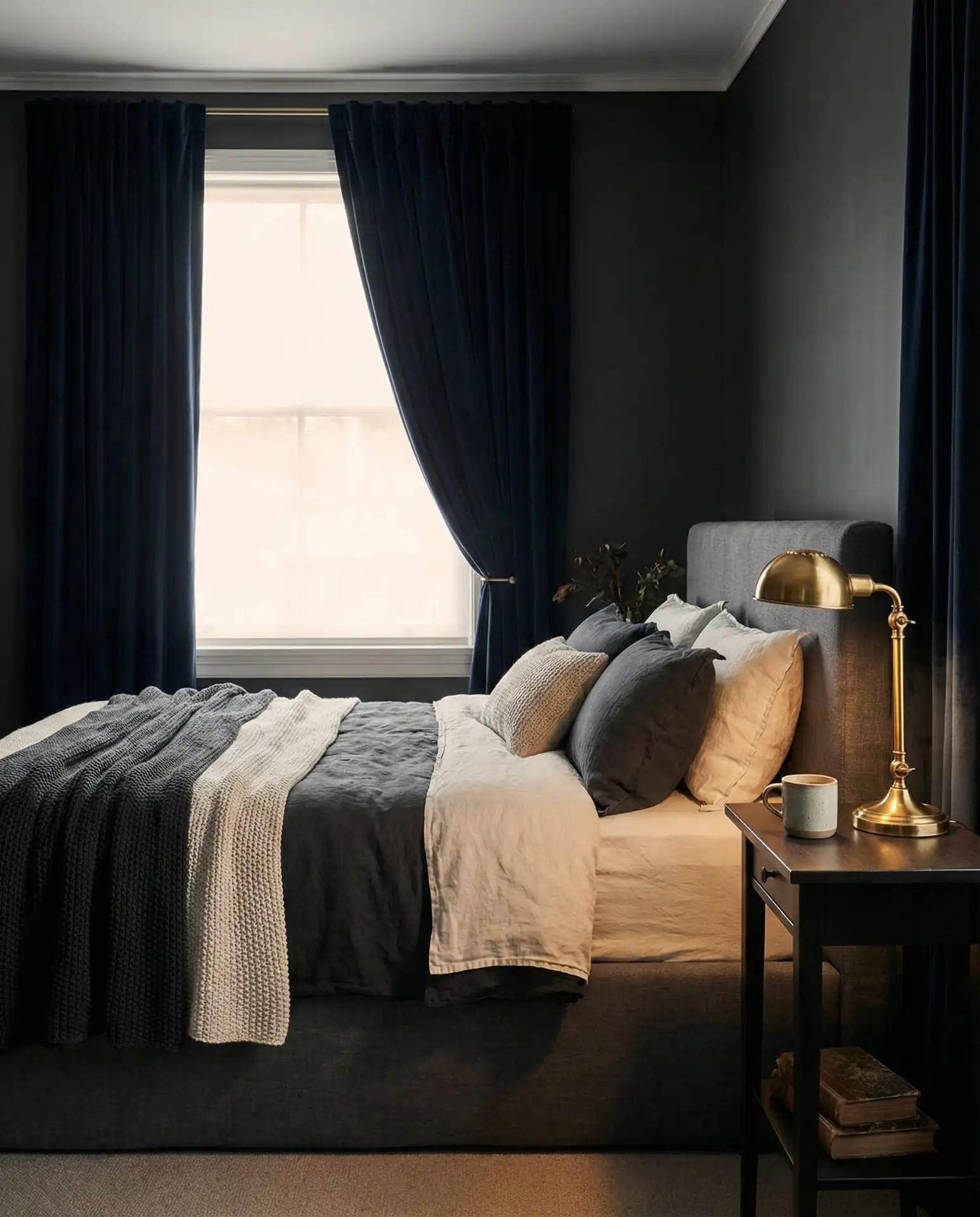 Dark Moody Curtains with Grey Bed Frame Contrast 2