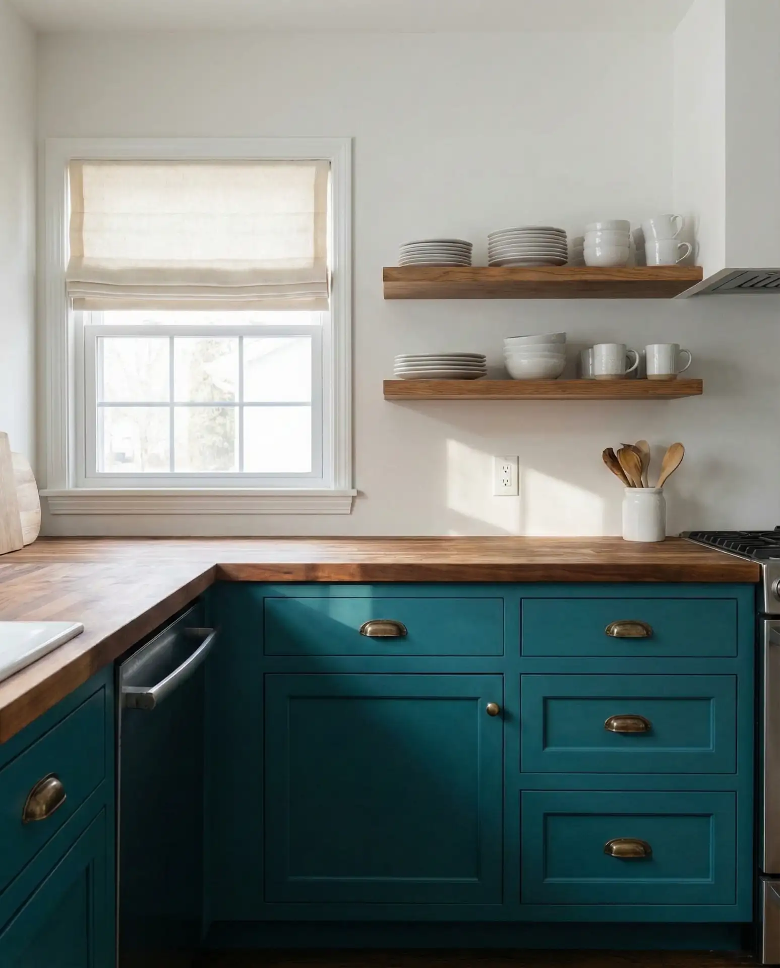 Deep Teal Lower Cabinets with Natural Upper Shelving 1