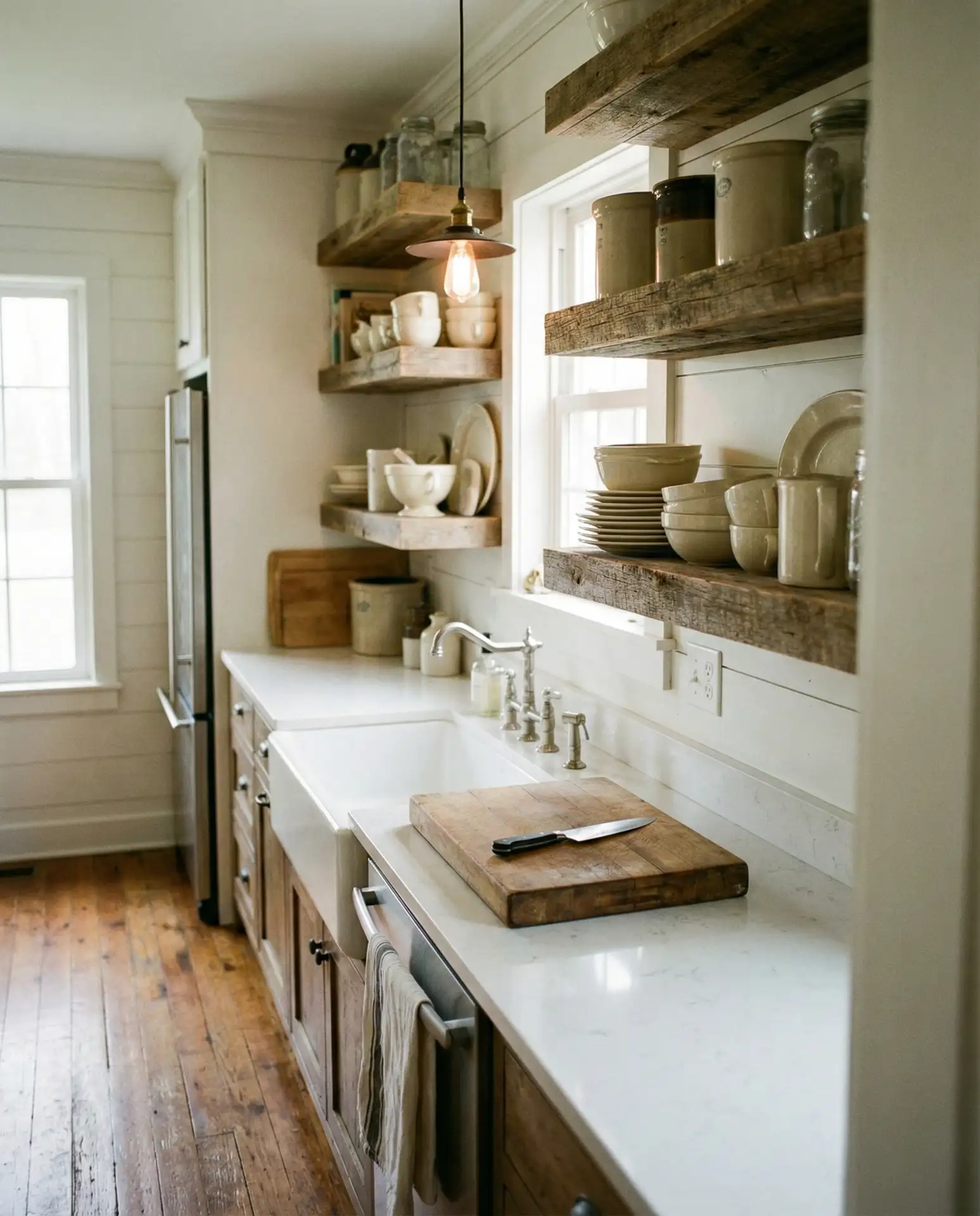 Farmhouse Galley with Reclaimed Wood Shelving 1