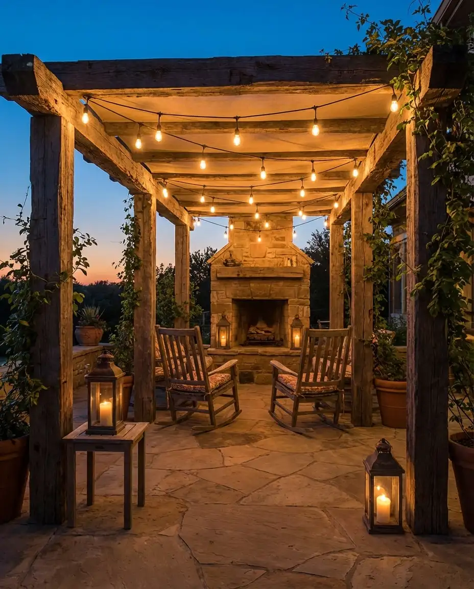 Farmhouse-Inspired Covered Deck with String Lights 1