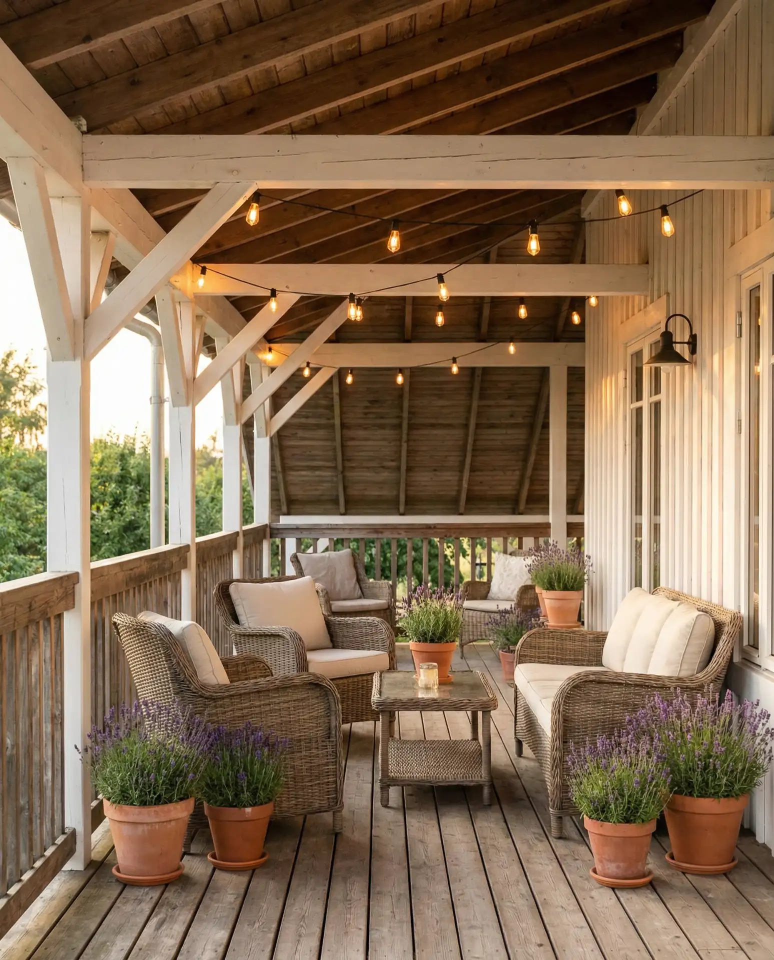 Farmhouse-Inspired Covered Deck with String Lights 2