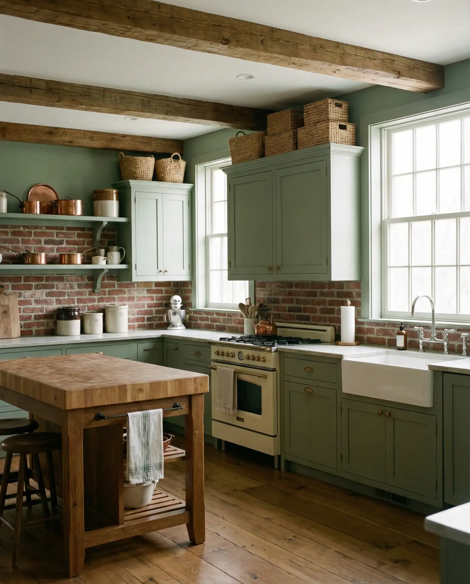 Farmhouse Kitchen with Sage Green Cabinets 1