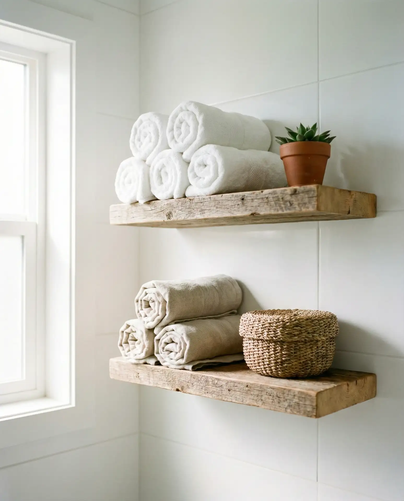 Floating Shelves with Rolled Towel Display 2
