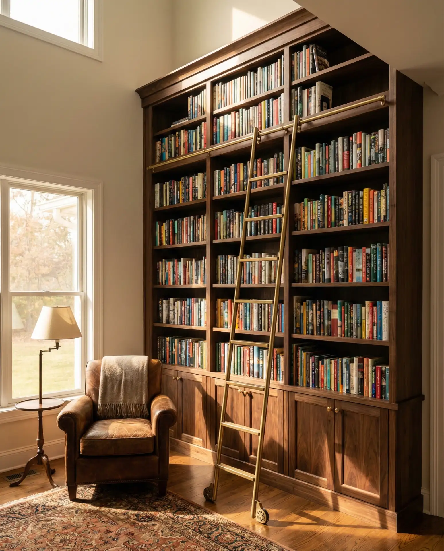 Floor-to-Ceiling Shelving with Rolling Ladder 1