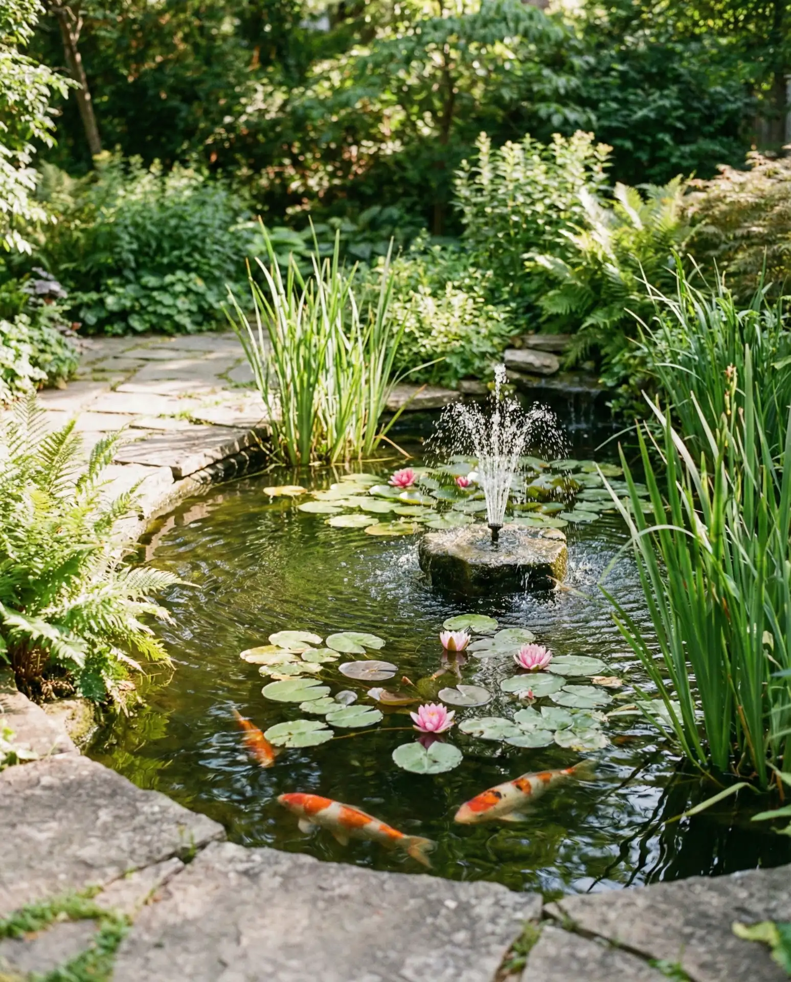 Garden Pond Fountain with Aquatic Plants 1