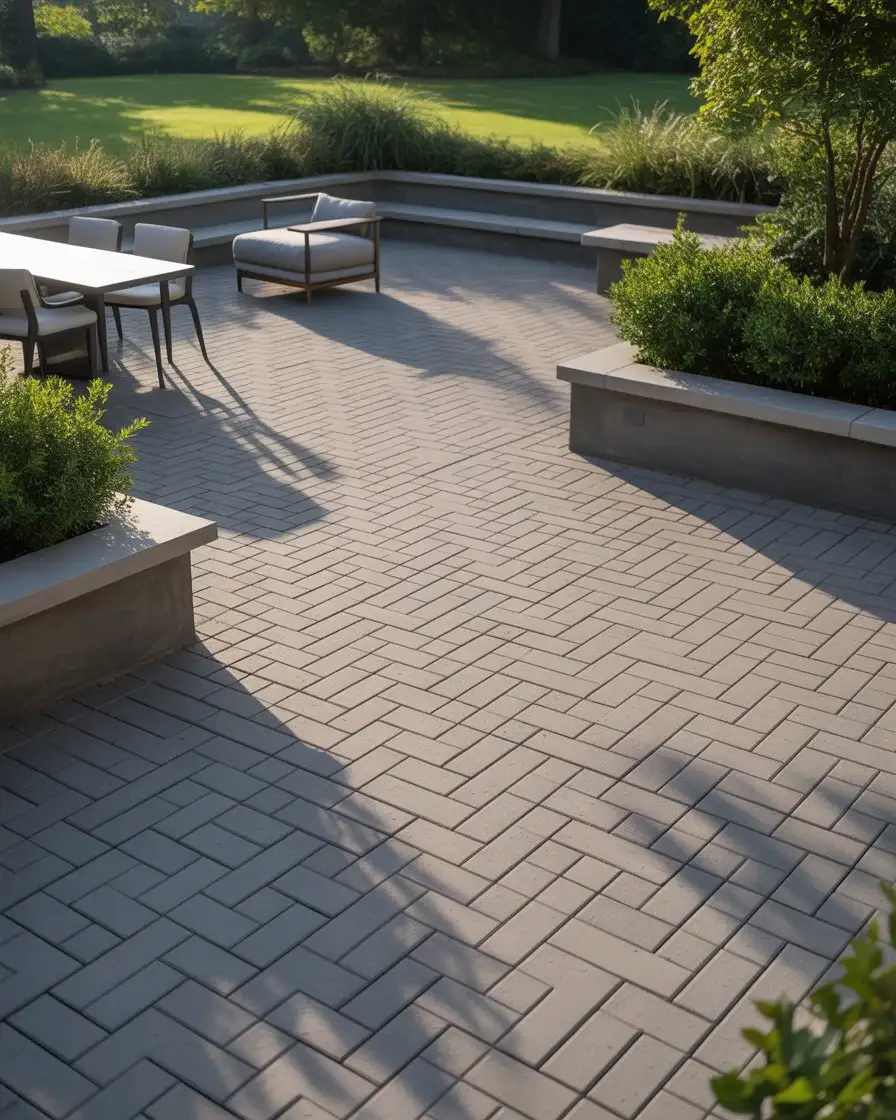 Geometric Paver Patio with Built-In Planters 1