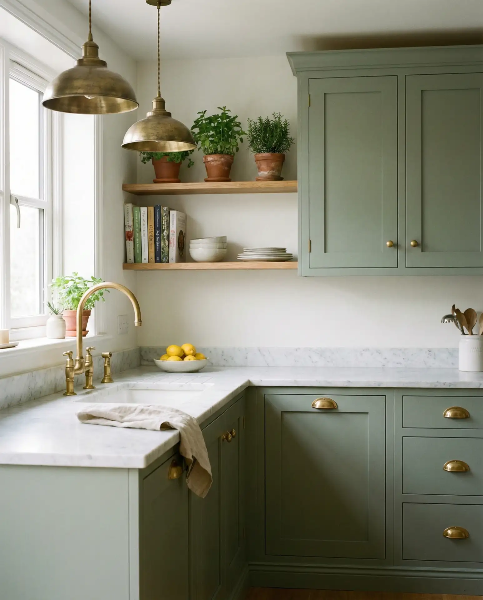 Green Cabinetry with Brass Accents 1