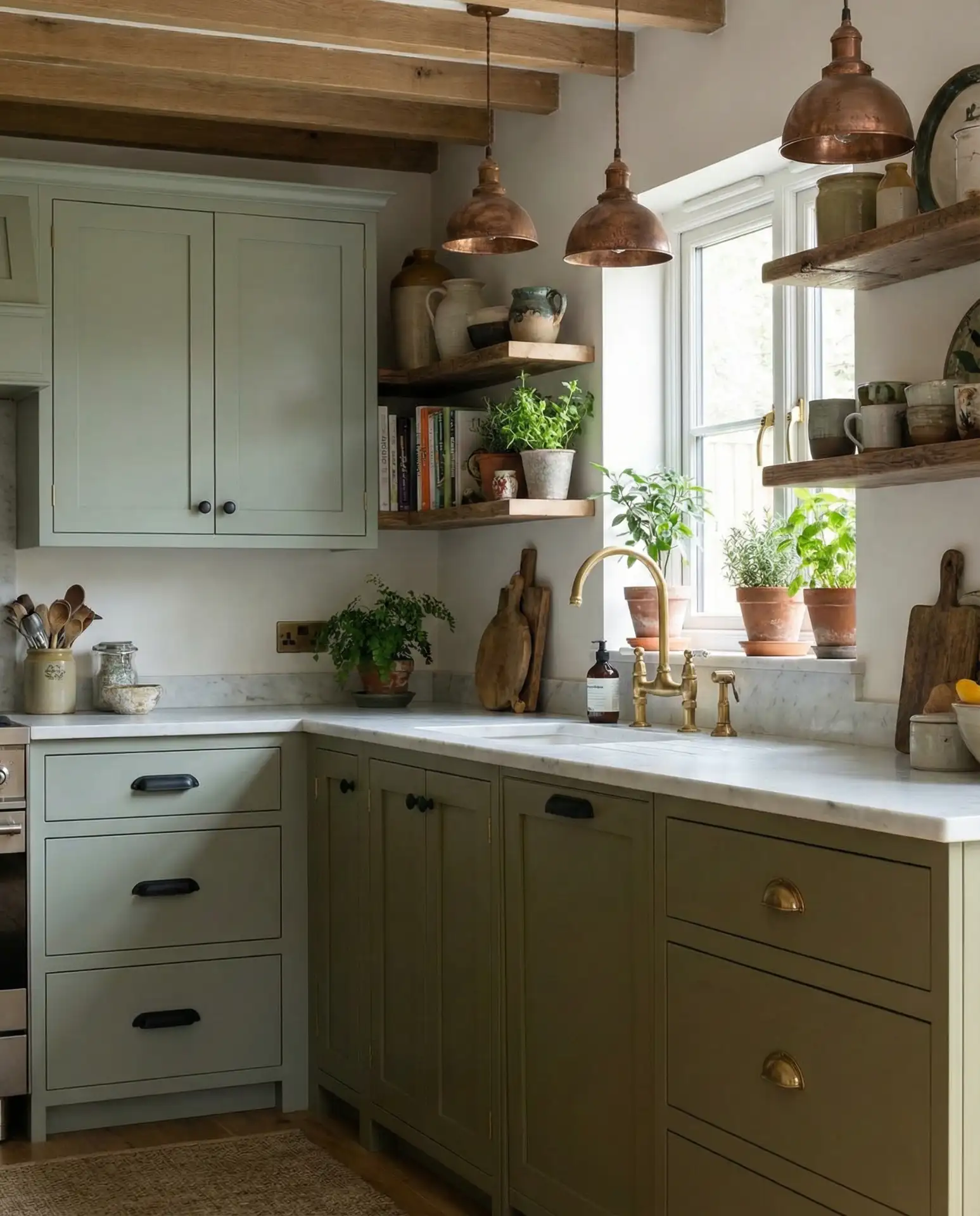 Green Kitchen with Mixed Metals and Textures 1