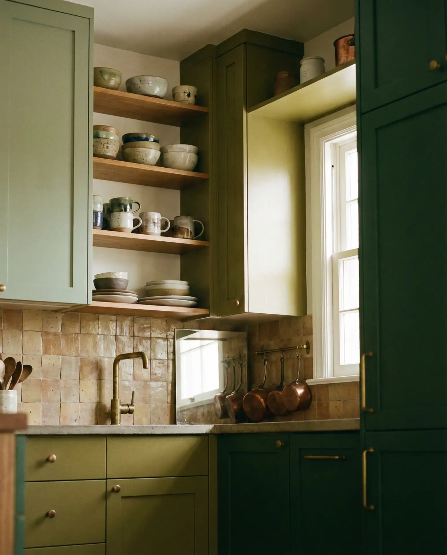Green Kitchen with Mixed Metals and Textures 2
