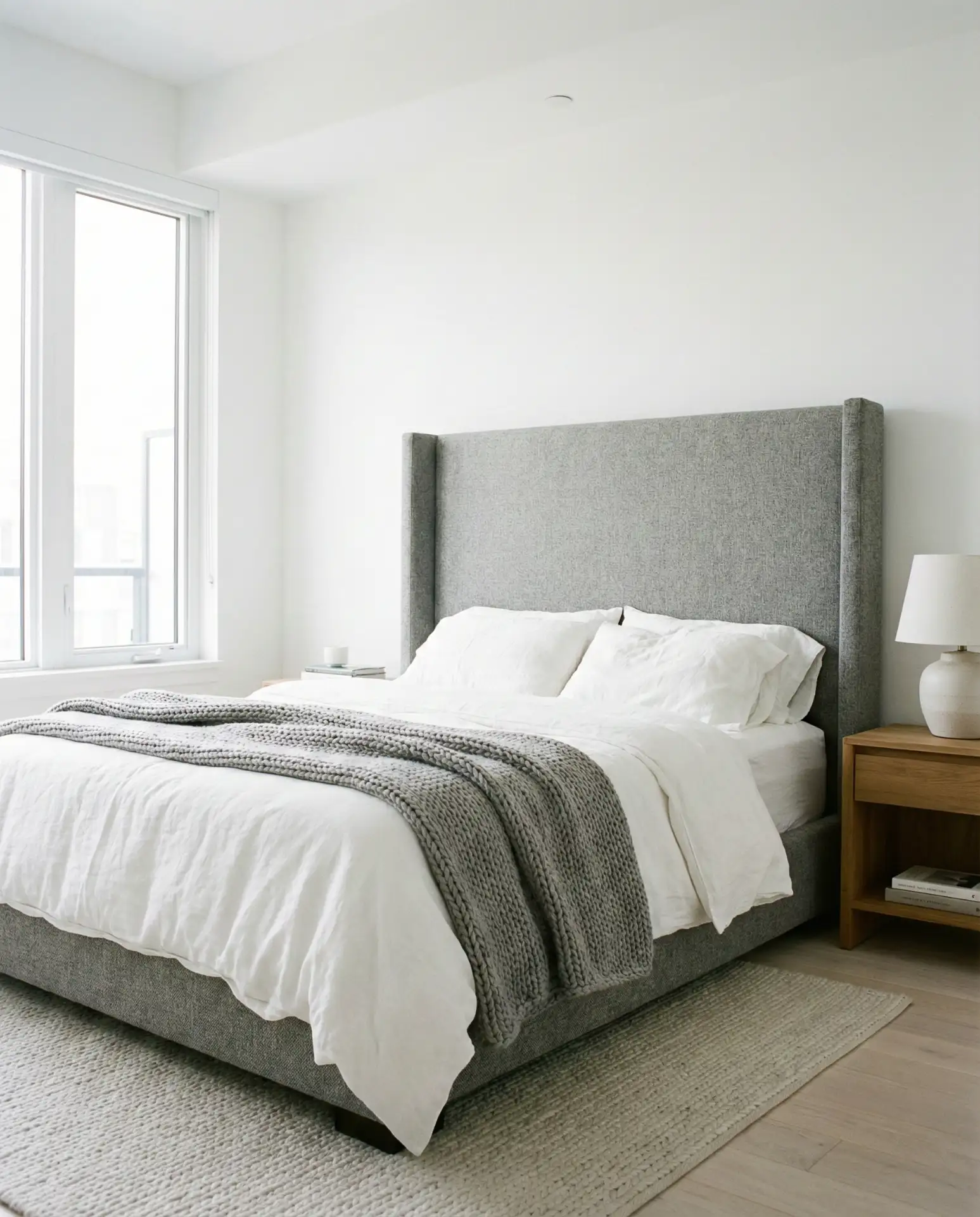 Grey Headboard with Soft White Walls 1