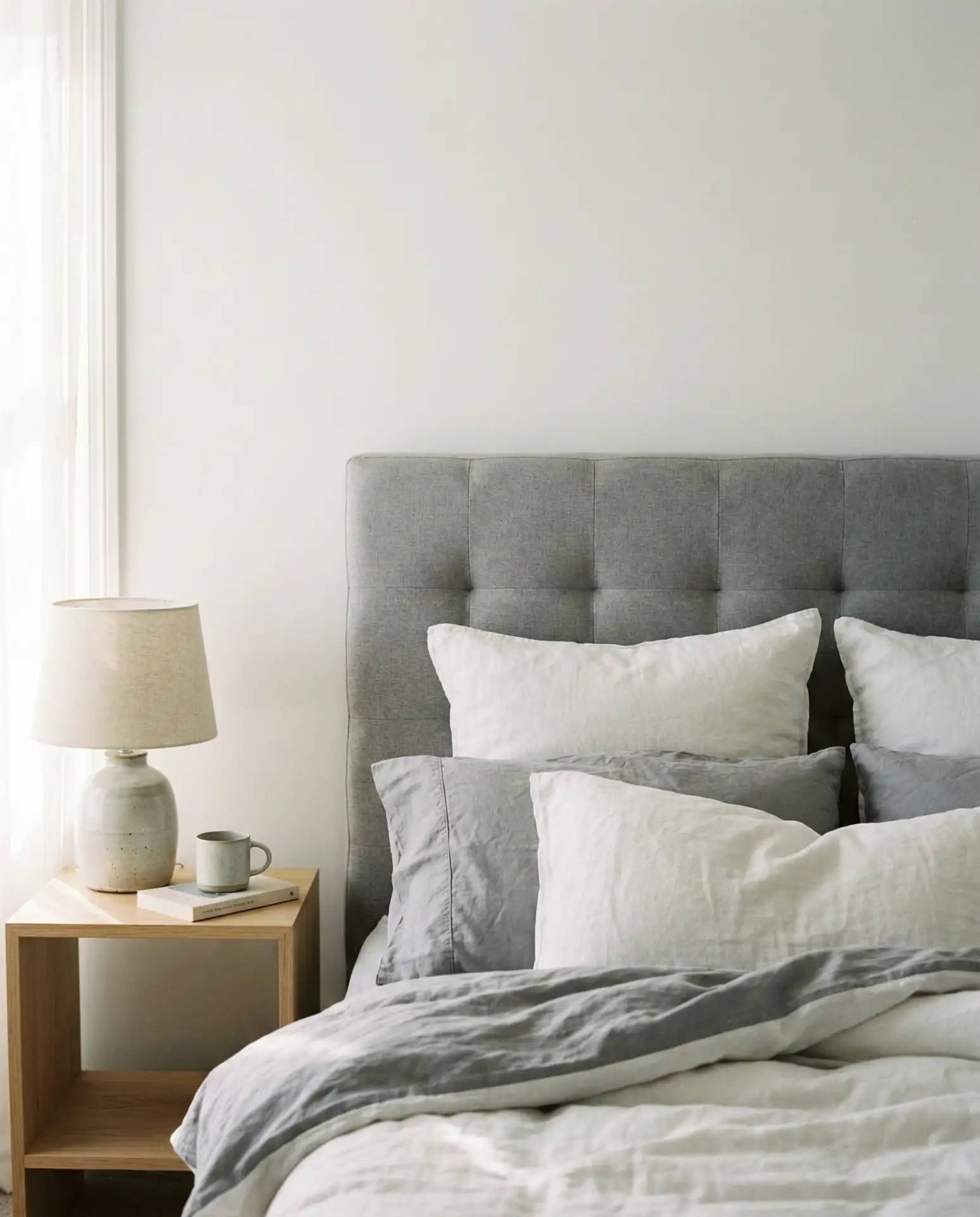 Grey Headboard with Soft White Walls 2