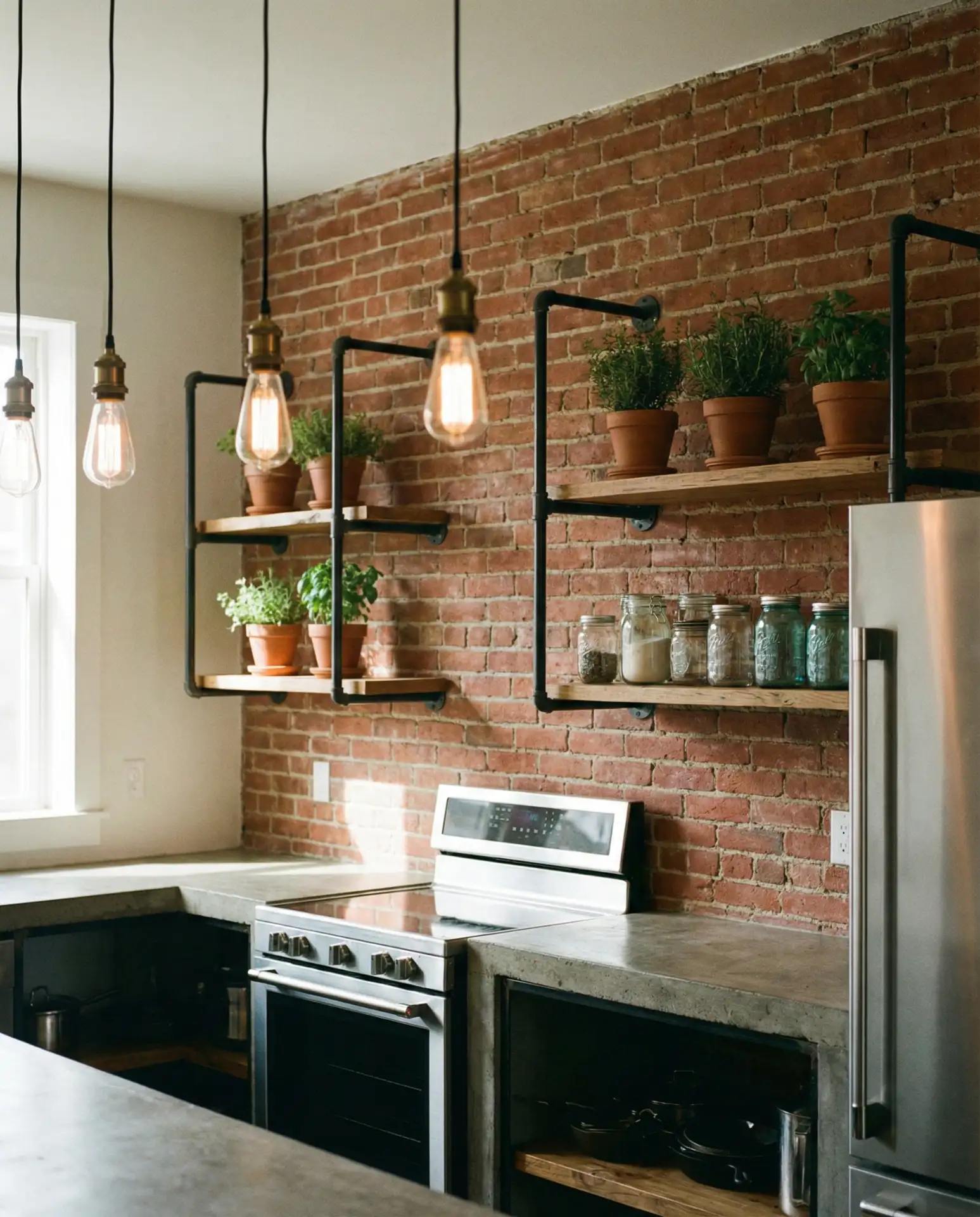 Industrial Open Shelving with Exposed Brick 2
