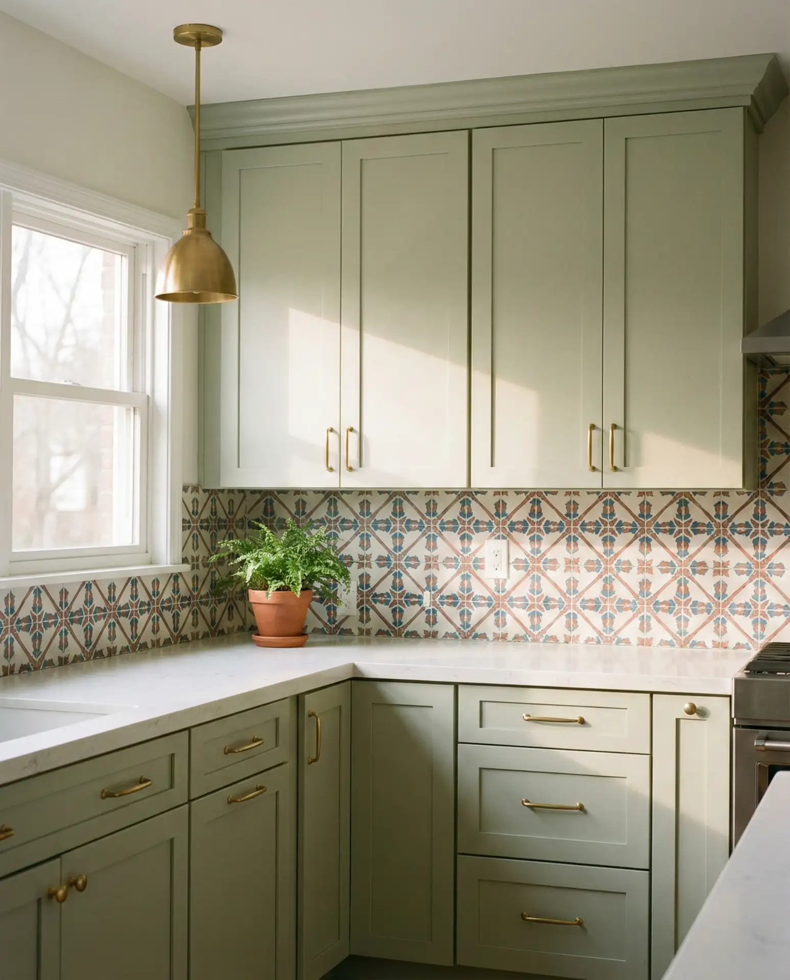 Light Green with Patterned Tile Backsplash 1