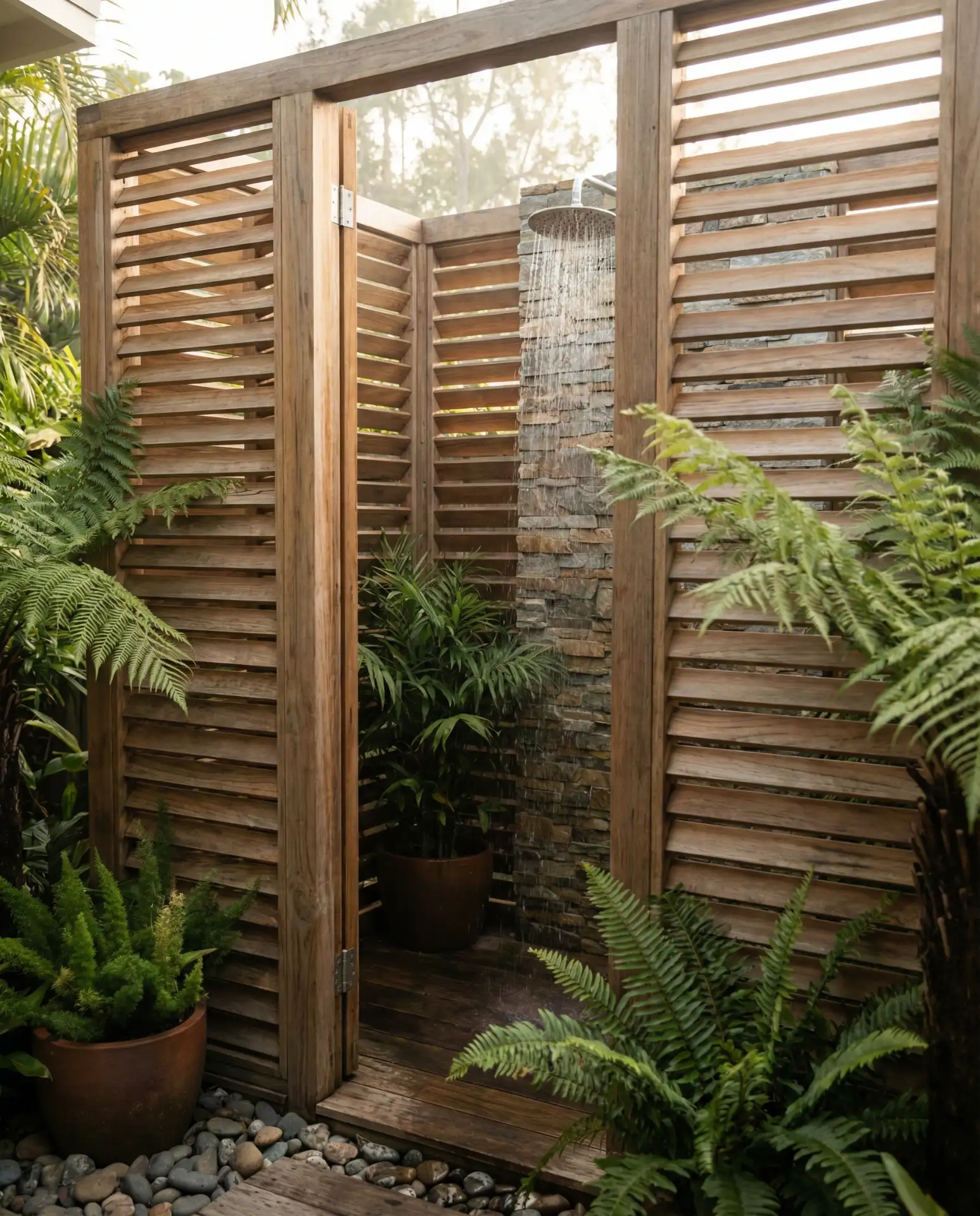 Luxury Outdoor Shower with Teak and Stone 1