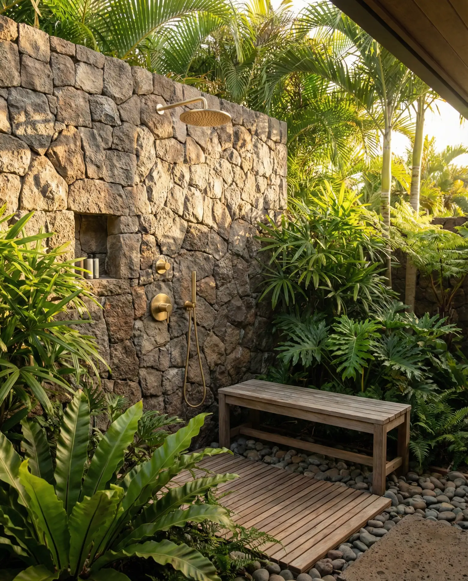 Luxury Outdoor Shower with Teak and Stone 2