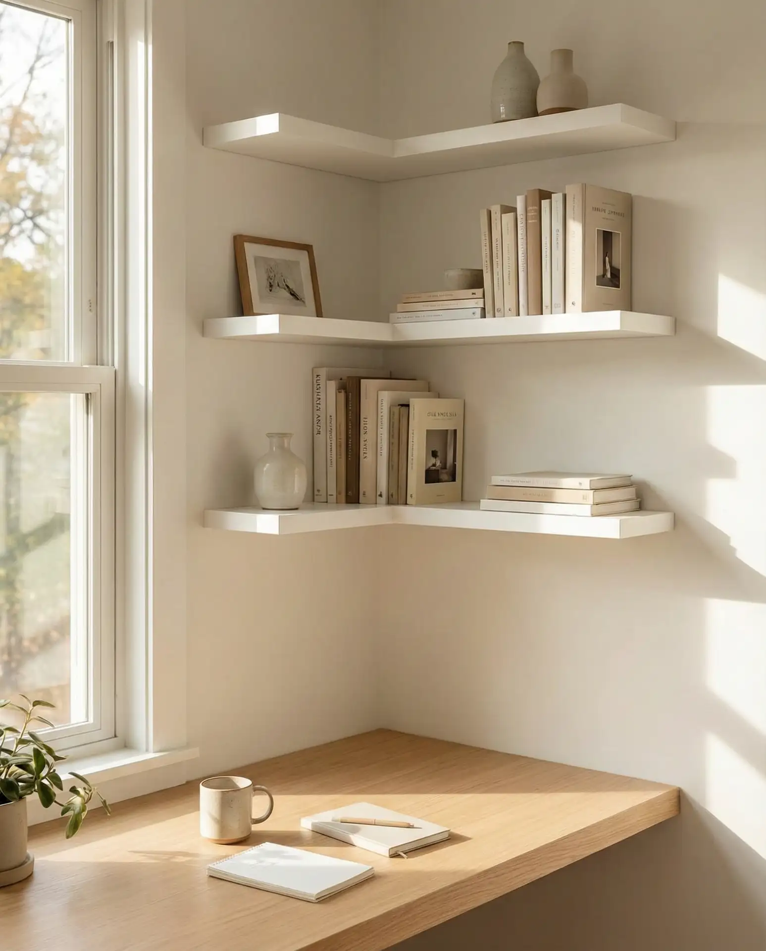 Minimalist Corner Setup with Floating Shelves 2