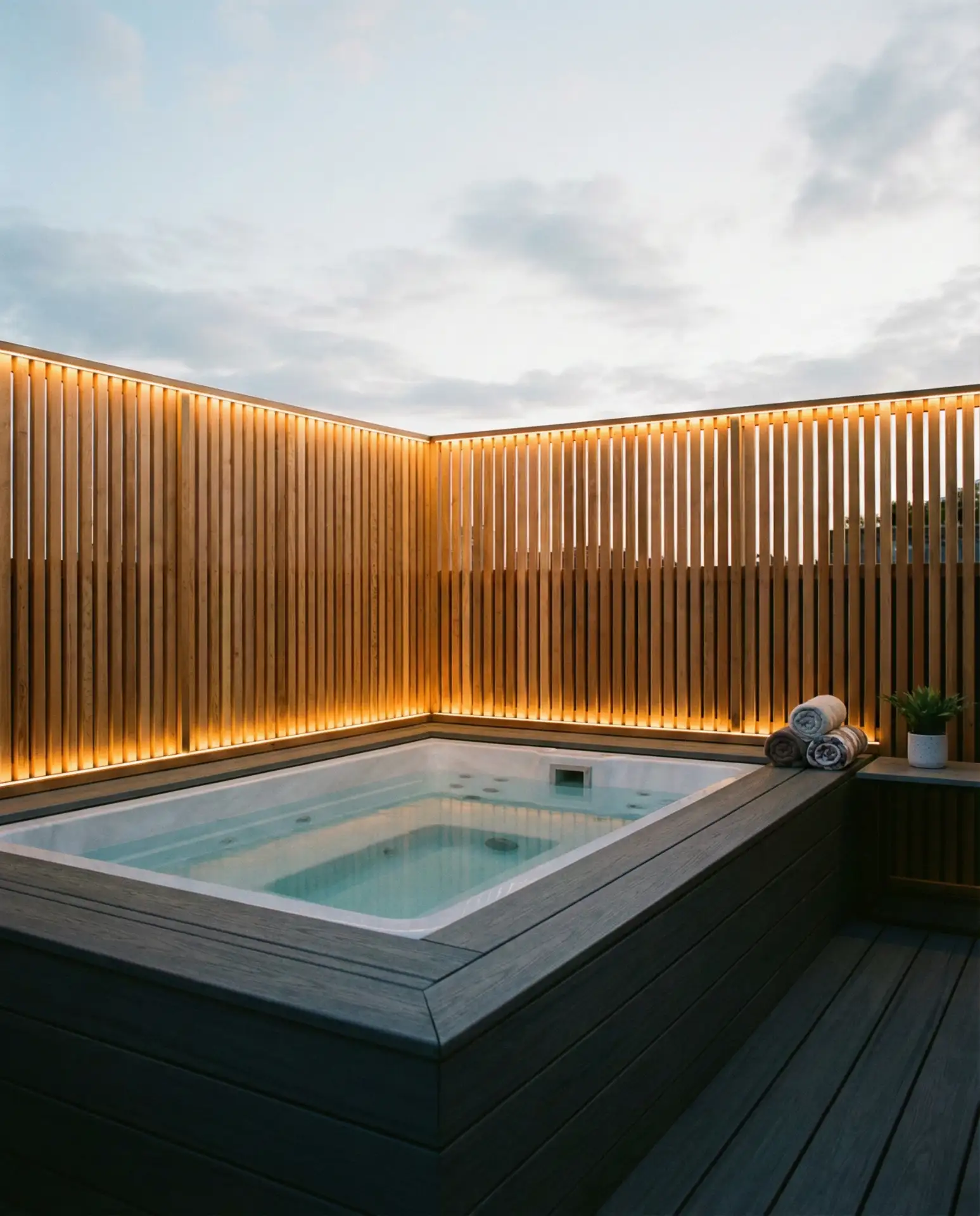 Modern Hot Tub Deck Surrounded by Privacy Screens 1